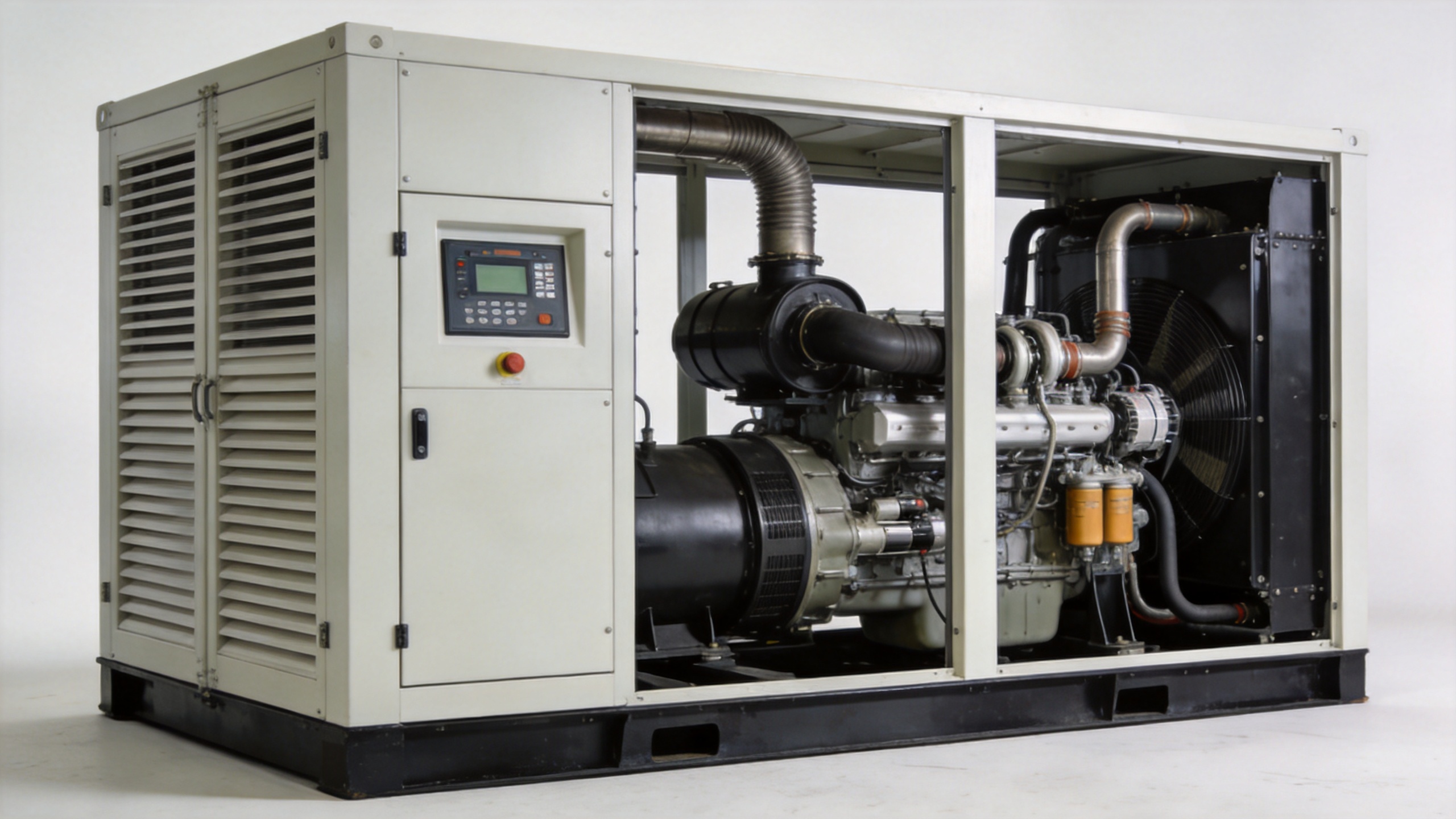 Industrial gas generator set with control panel and gas train