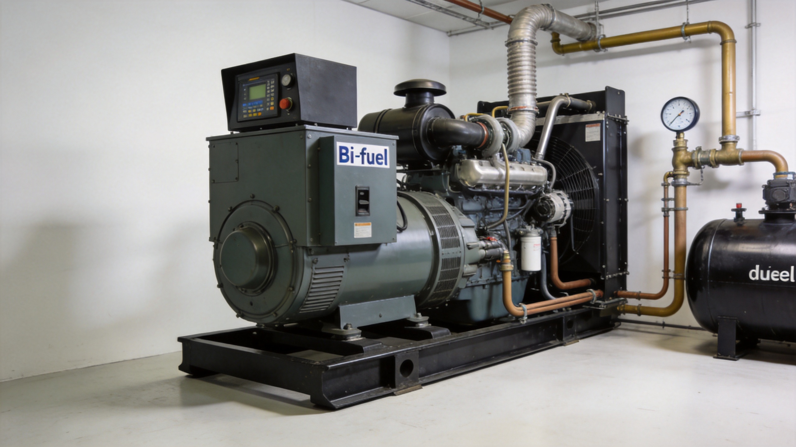 Natural gas generator bi-fuel system with diesel and gas fuel paths