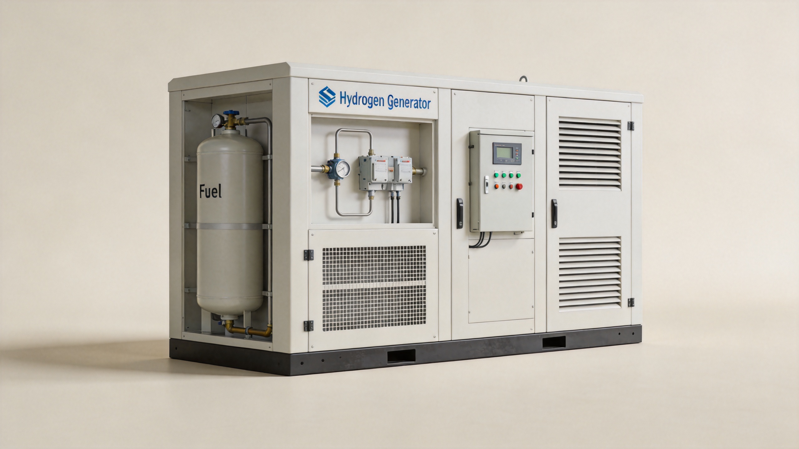Commercial hydrogen generator infrastructure with fuel storage and electrical switchgear