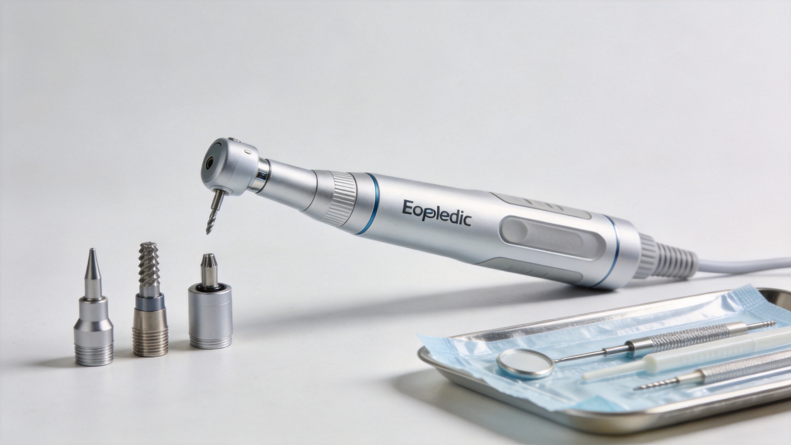 Surgical power drill handpiece and attachments prepared for orthopedic clinic evaluation