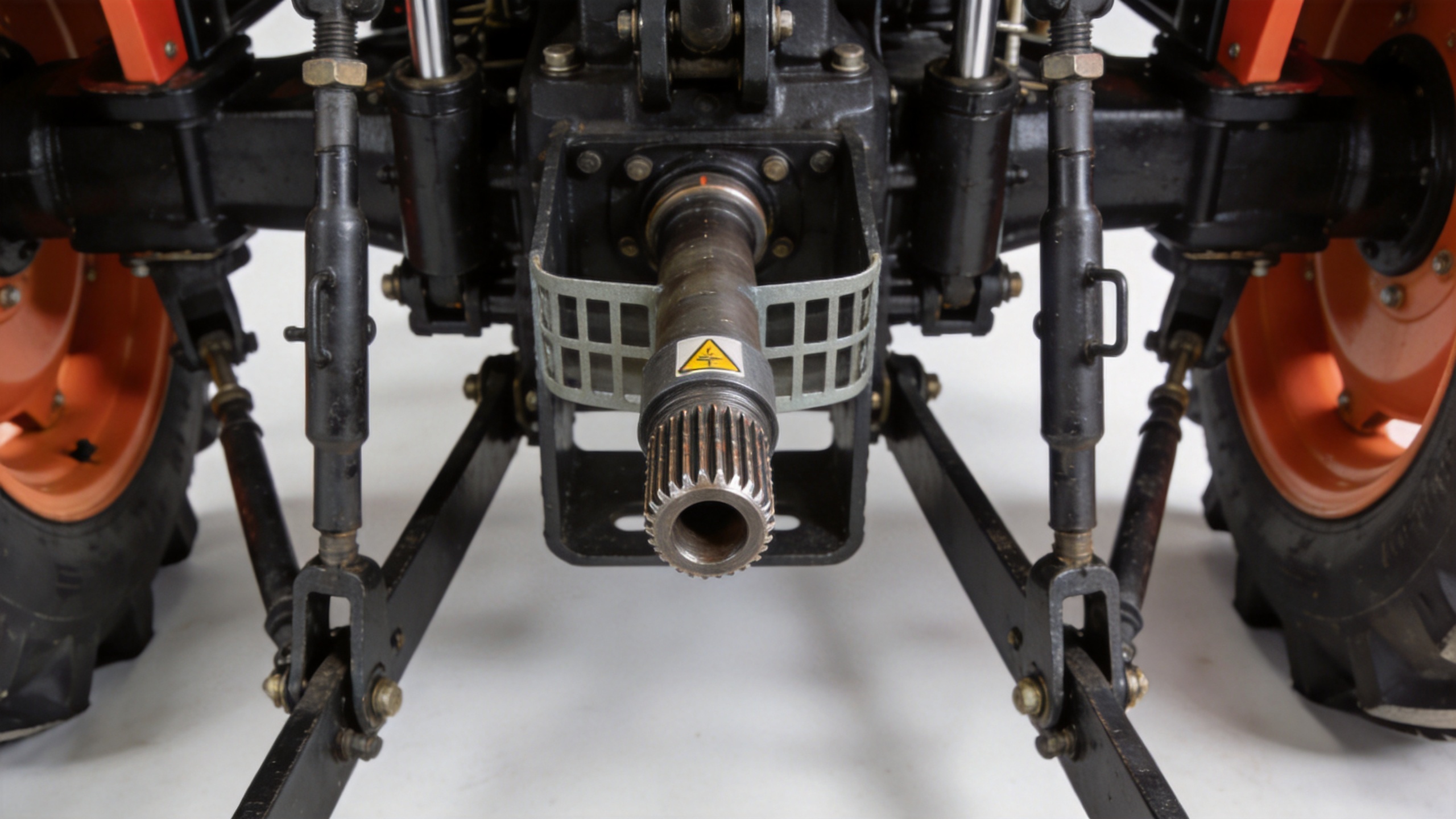 Compact tractor PTO shaft connection showing splined shaft and safety guard for attachment compatibility