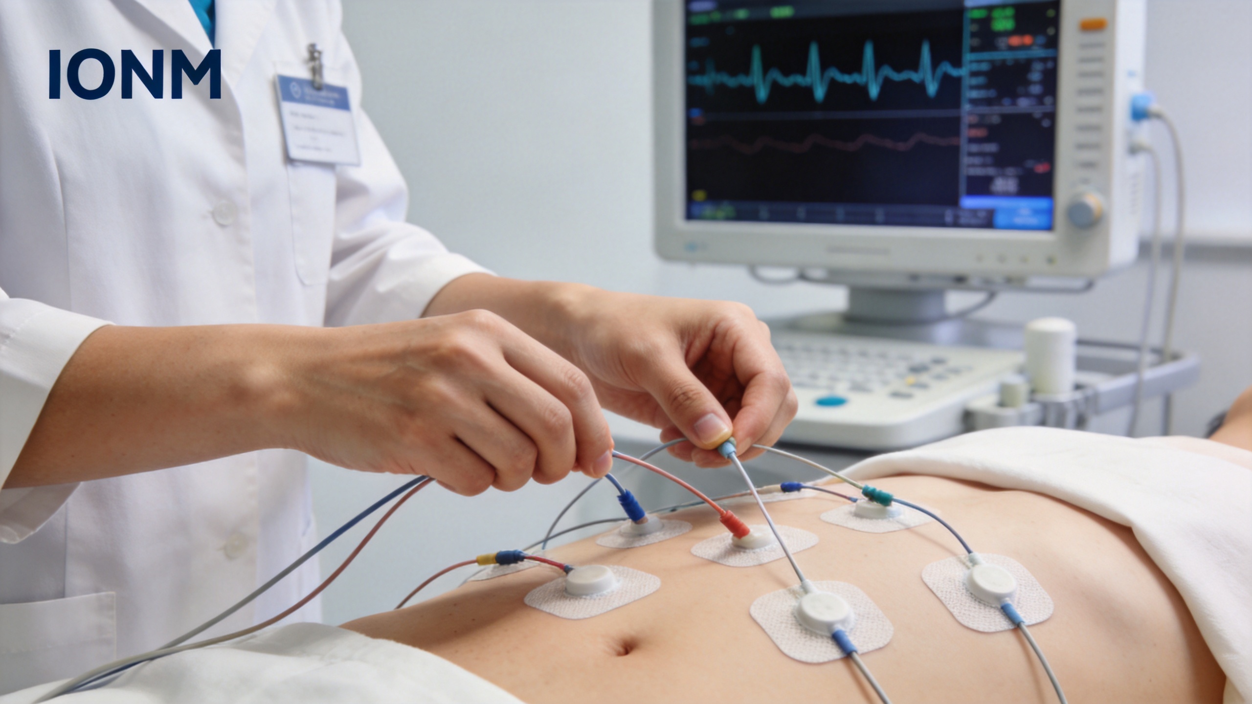 IONM system setup for nerve monitoring during surgery showing electrode leads and real-time waveform display