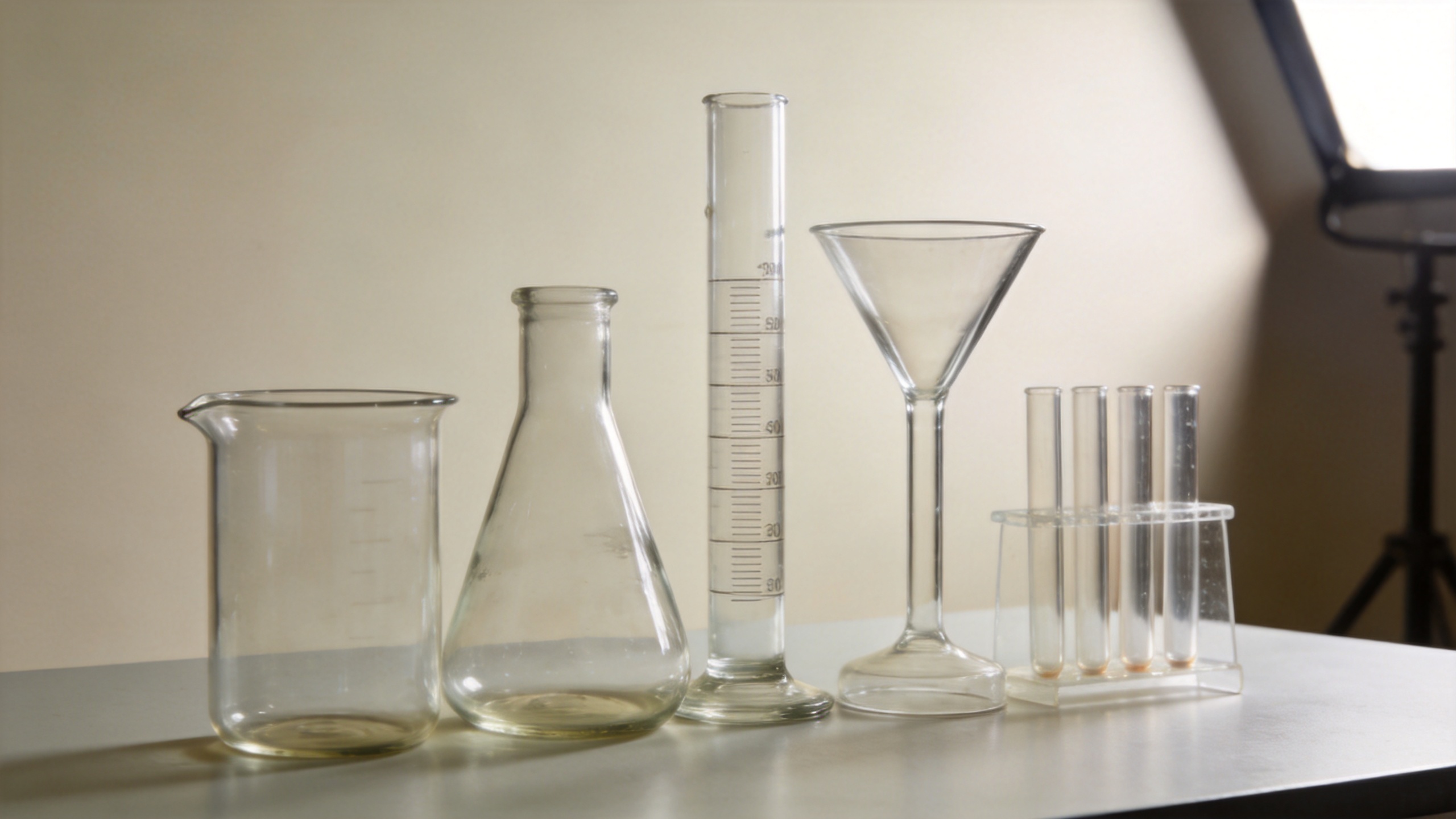 Laboratory glassware including beakers flasks and a graduated cylinder