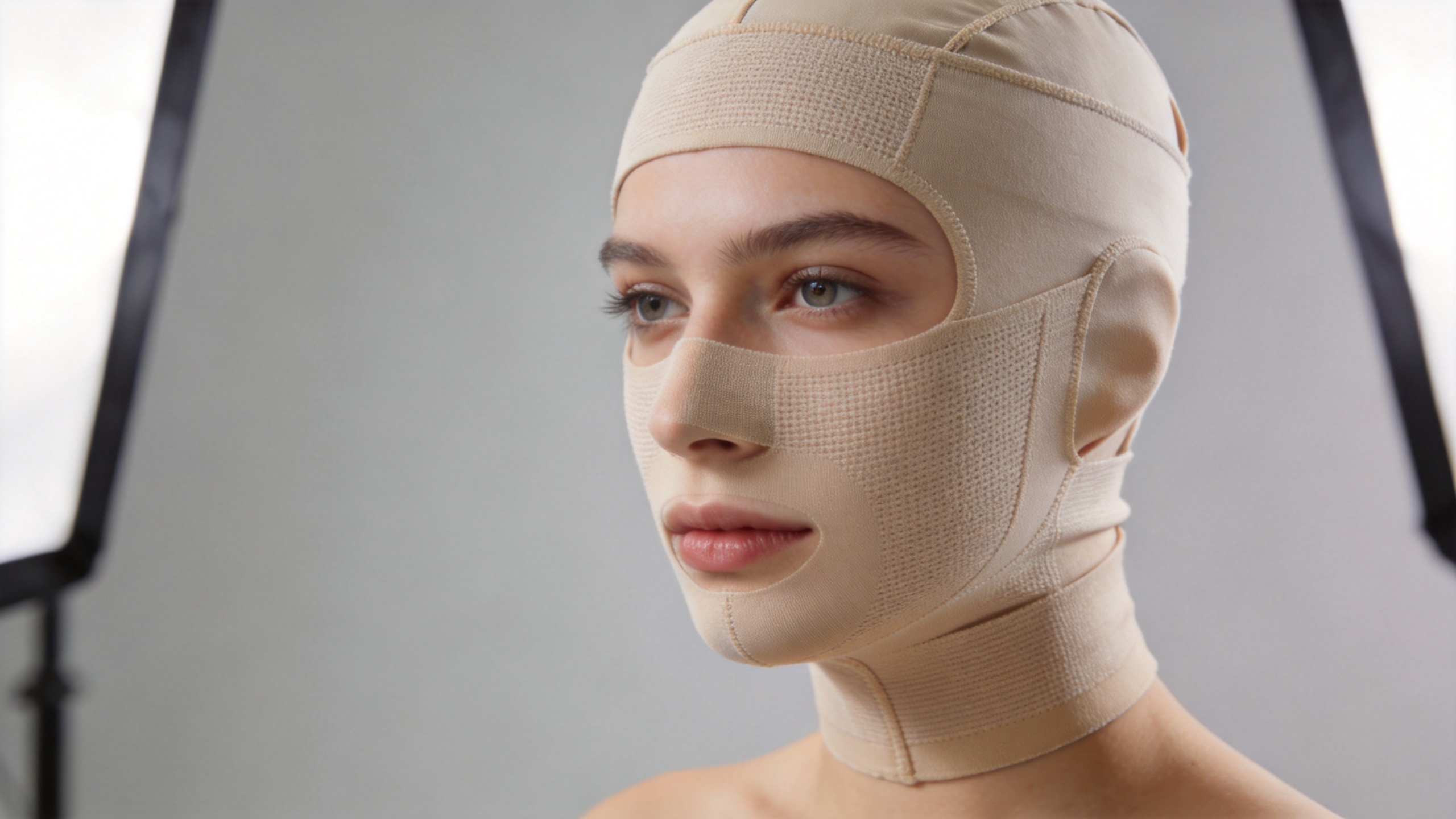Compression fabric construction detail for OEM face slimming bandage manufacturing