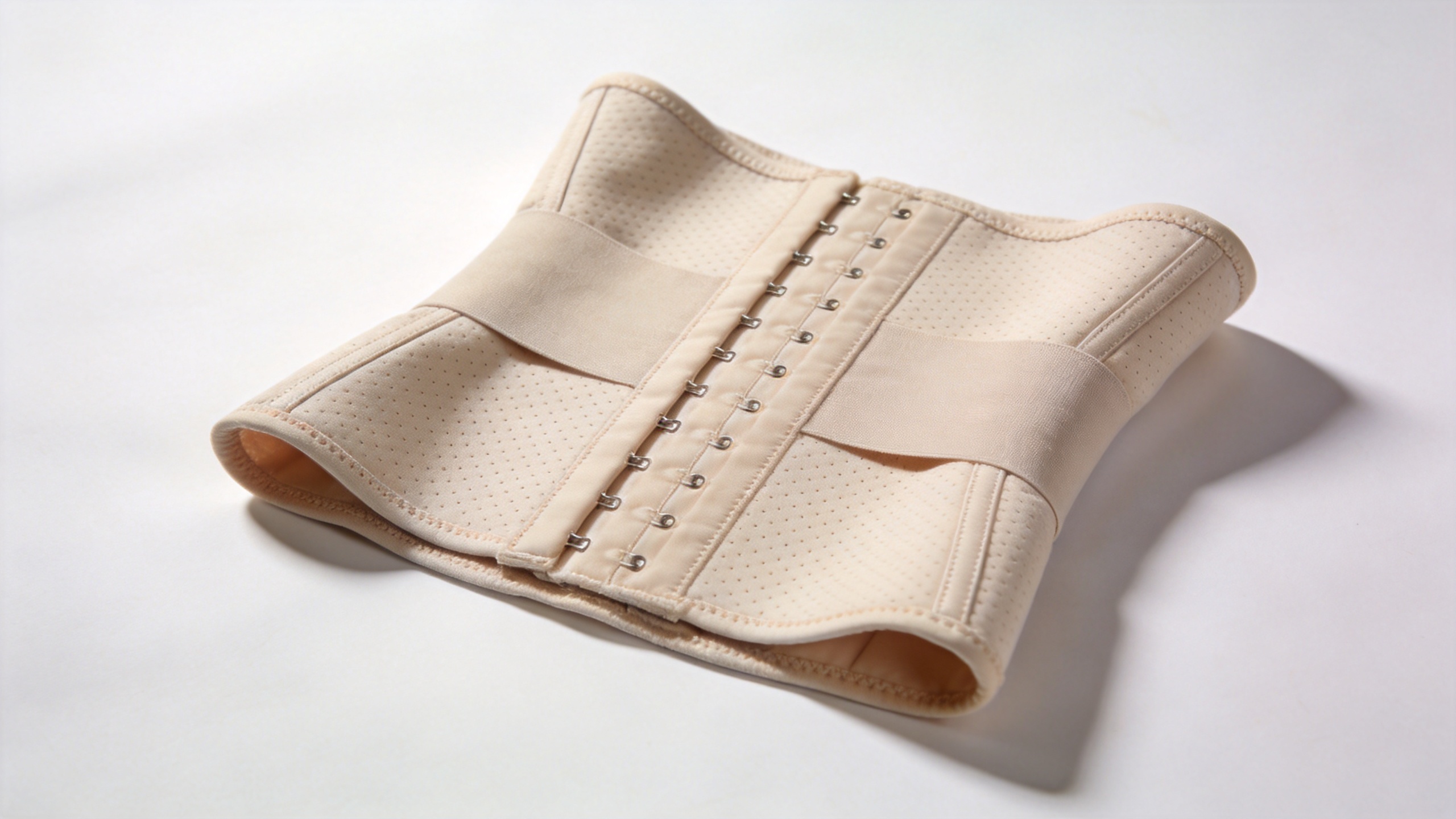 Post surgical stage 2 faja showing compression fabric, hook-and-eye closure, and flat-lock seam construction