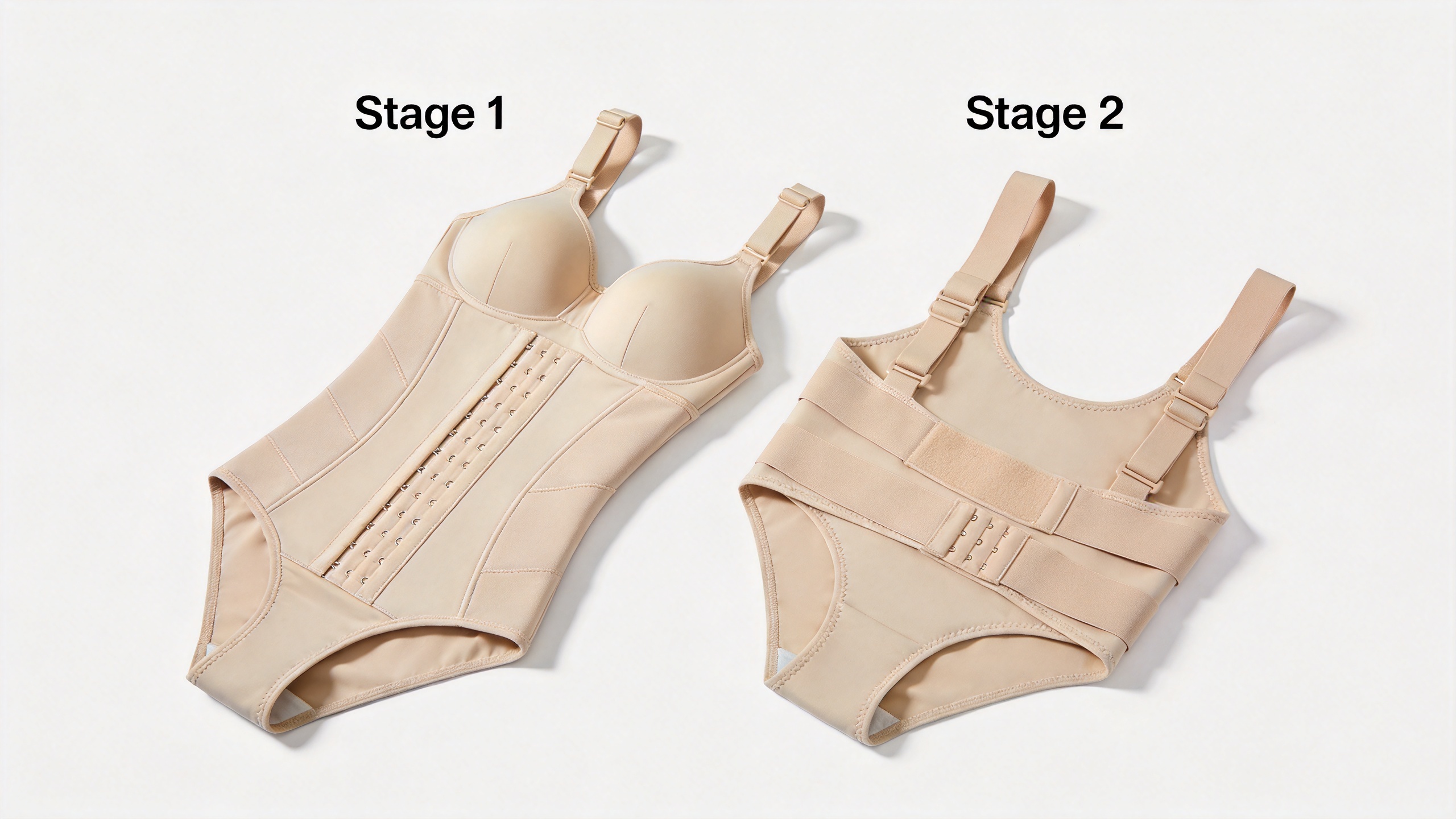 Medical-grade post surgery shapewear garments including Stage 1 faja bodysuit and Stage 2 recovery garment with flat-lock seaming