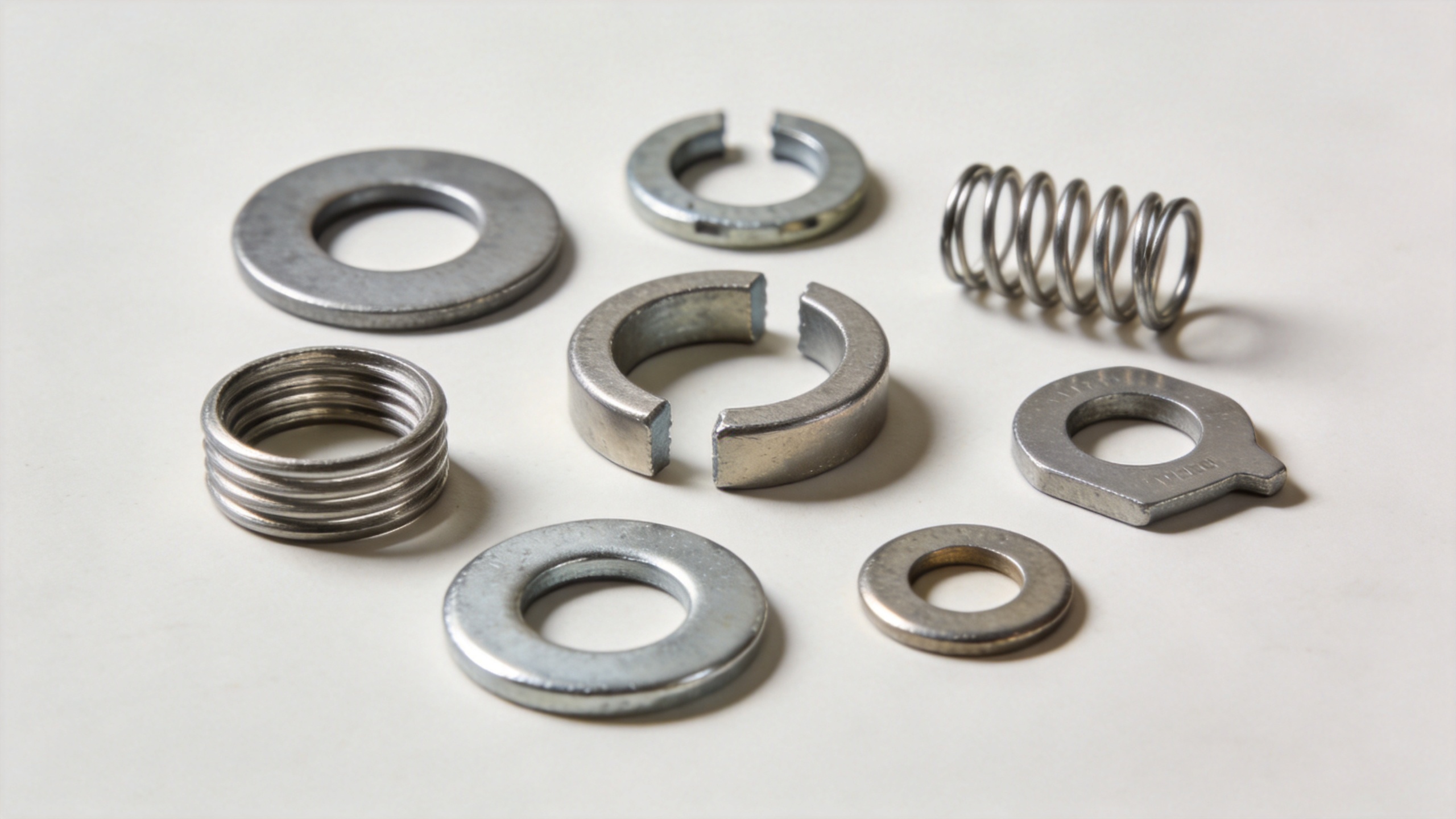Assortment of hardware washers including flat washers split lock washers spring washers and fender washers in zinc plated and stainless steel