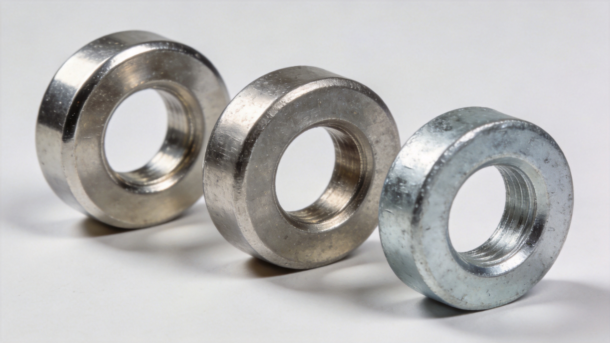 Stainless steel and galvanized hardware washers showing material texture and surface finish differences