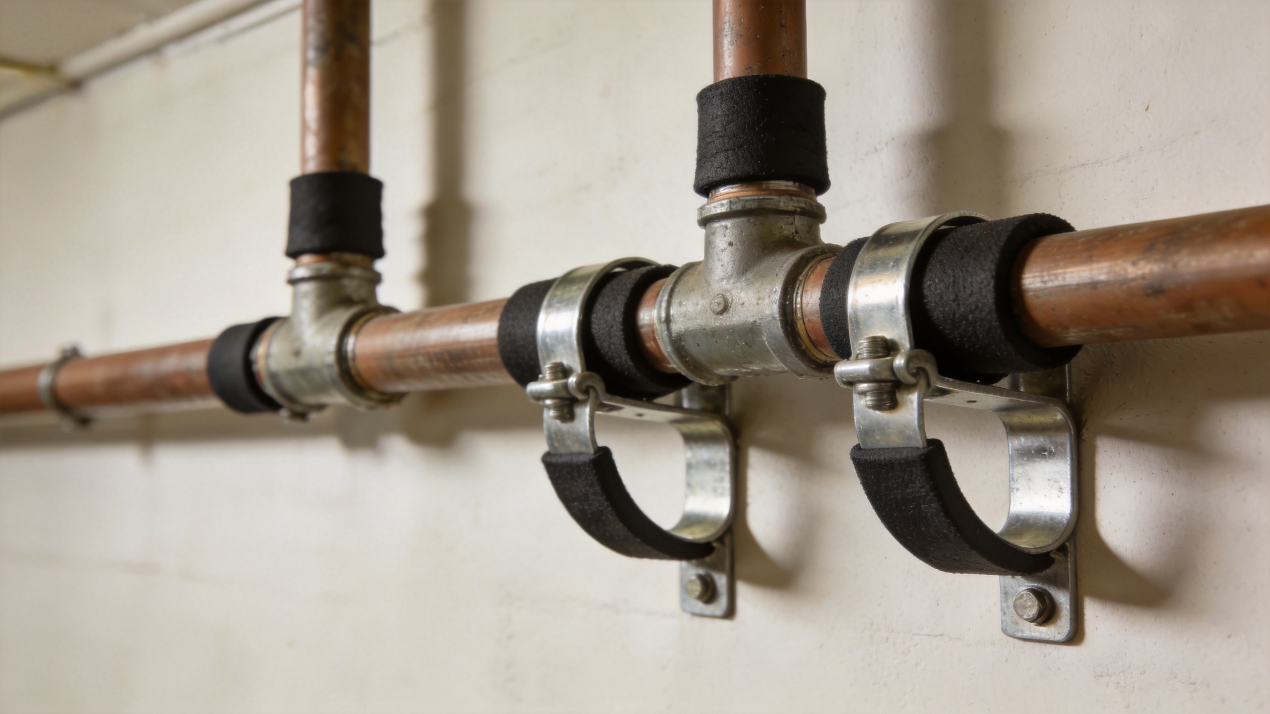 rubber-lined pipe clamps securing water supply pipes to wall in home plumbing repair