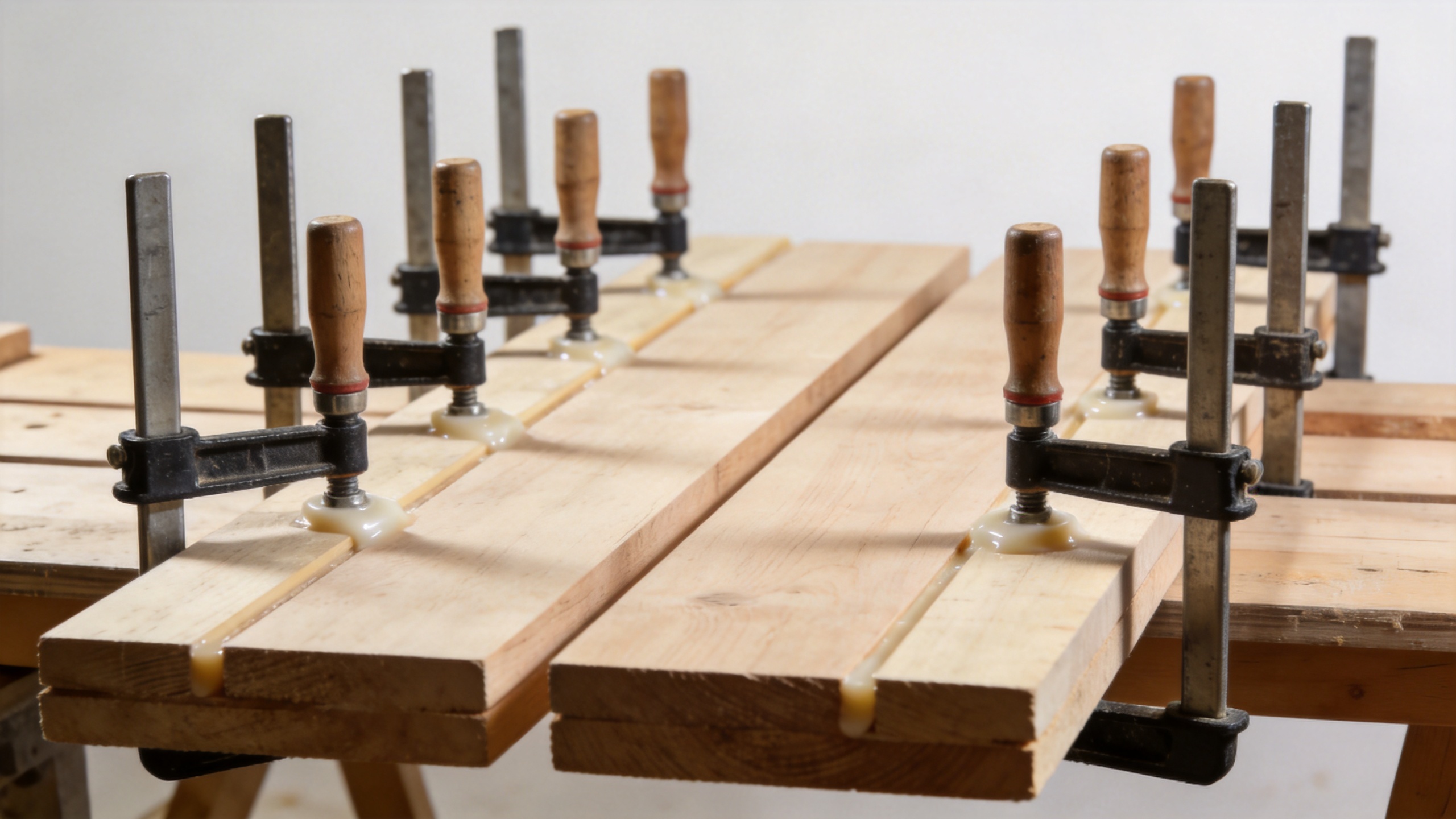 woodworking pipe clamps clamping wide wood panels together during furniture glue-up