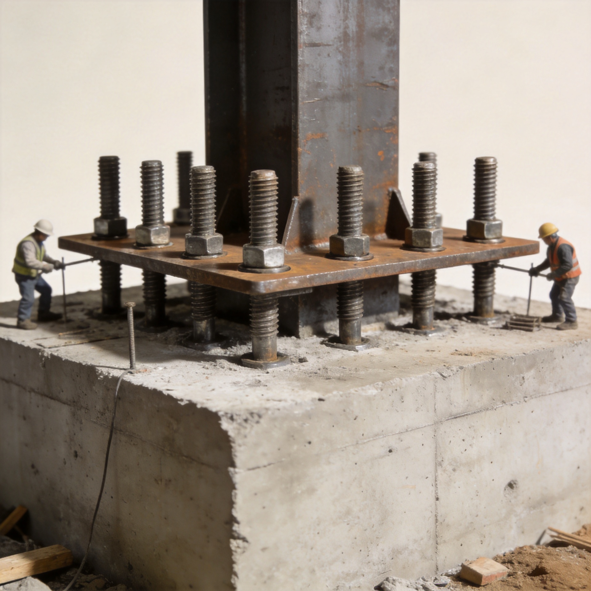 Anchor bolt installation at construction site showing structural steel column base plate anchored to concrete foundation