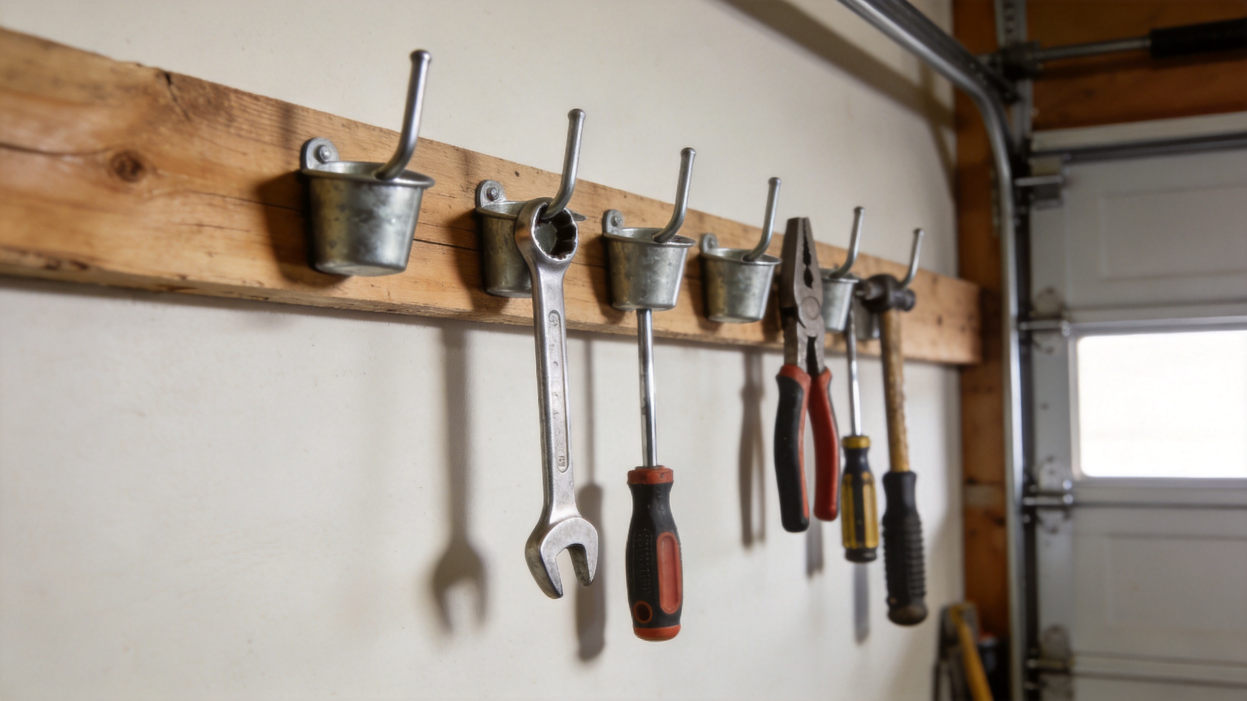 Cup hooks on a garage wall holding hand tools and wrenches in an organized workshop storage arrangement