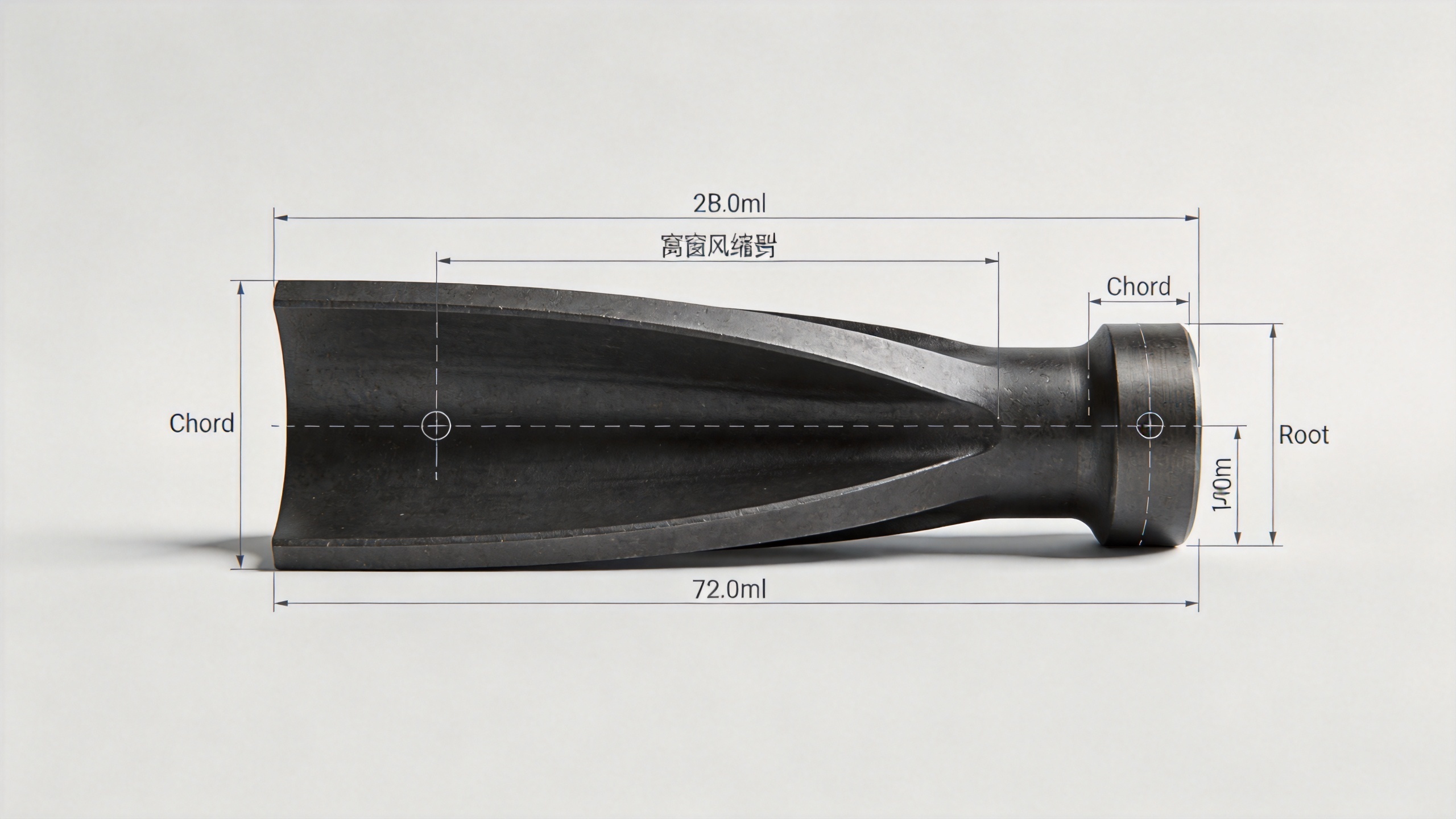 Precision forged gas turbine compressor blade showing airfoil span, chord, and root geometry dimensions