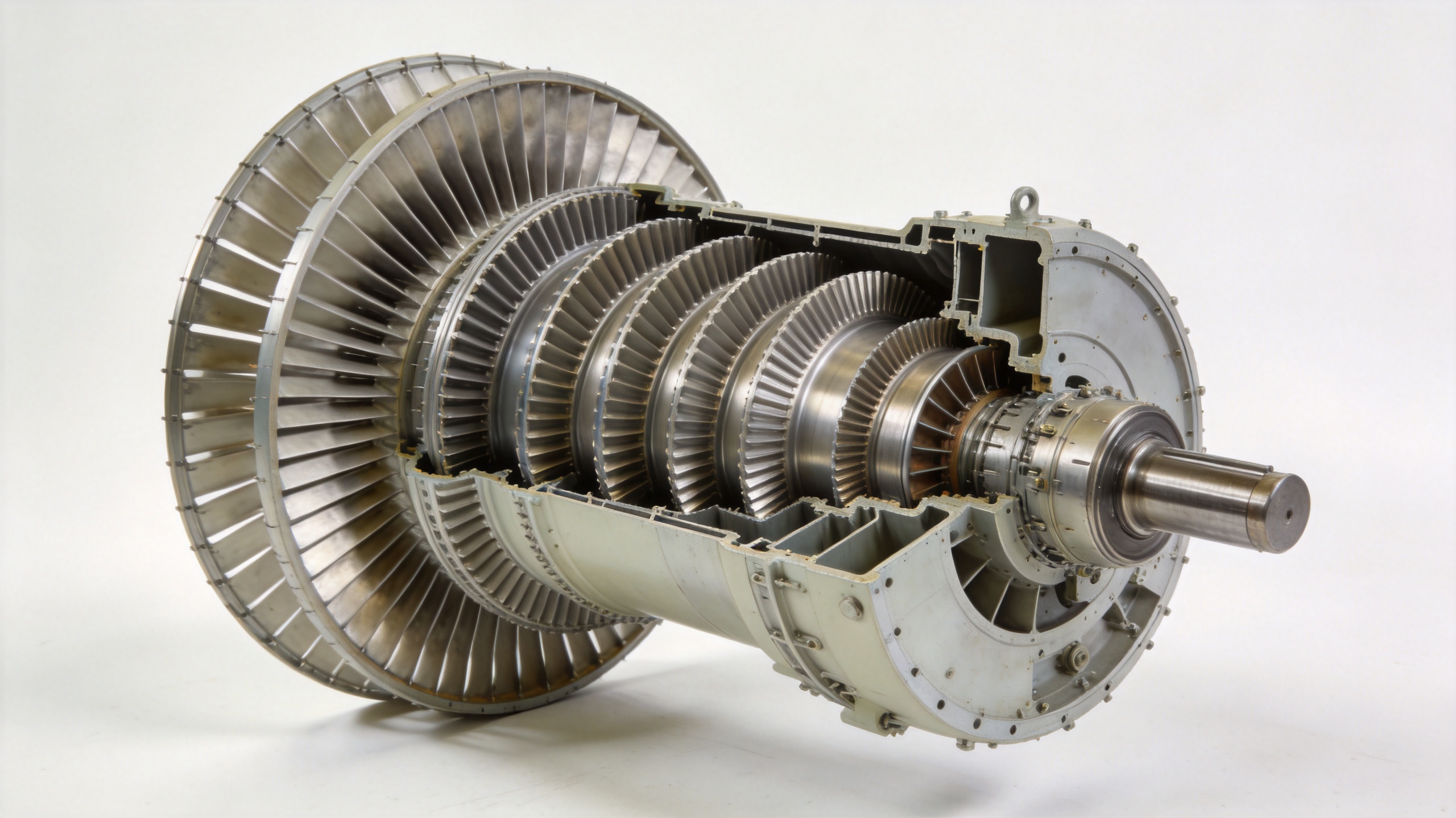 Gas turbine axial compressor with multiple stages showing progressive blade size reduction from inlet to outlet