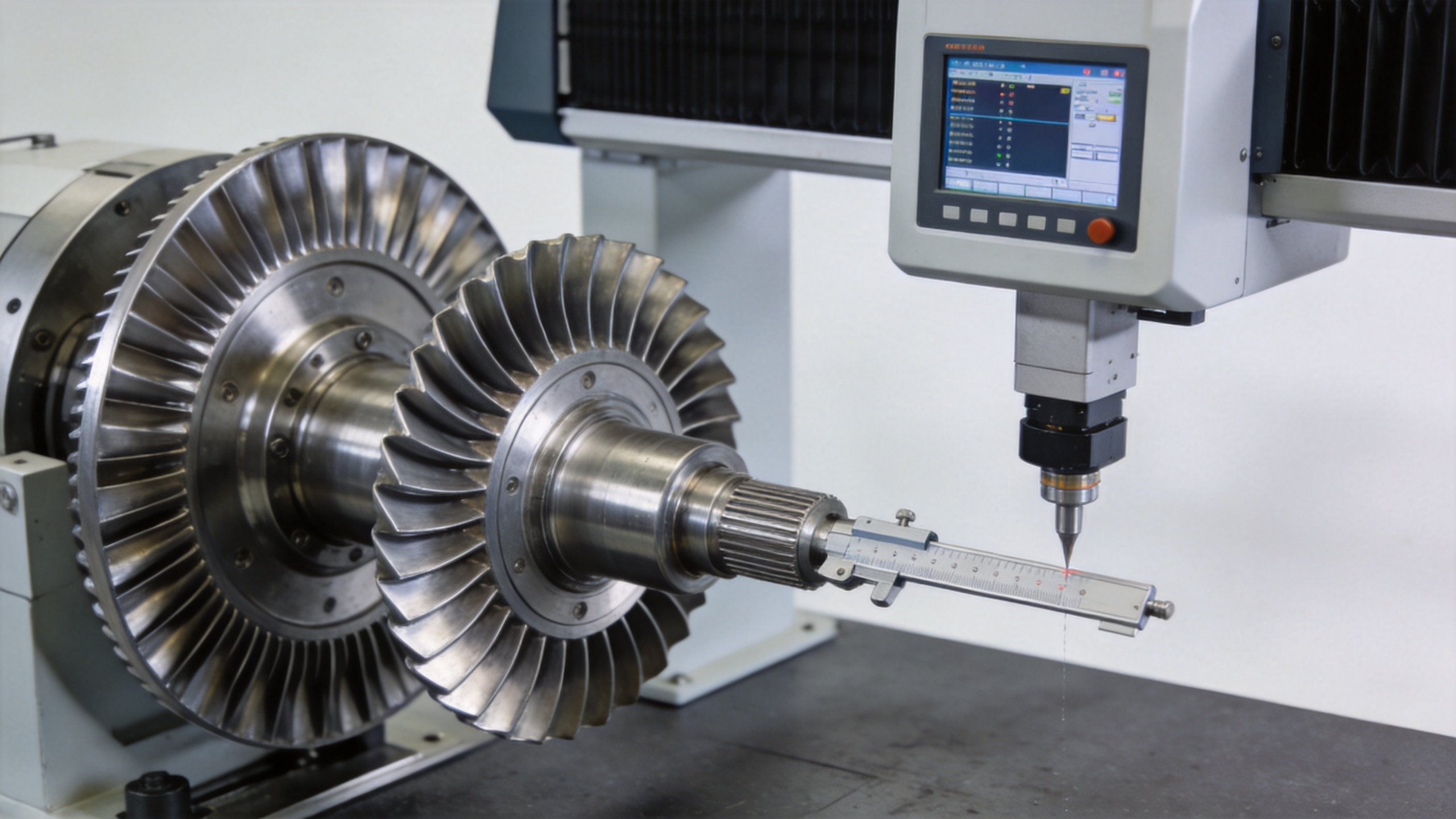 CMM dimensional measurement of gas turbine compressor blade profile in quality inspection lab