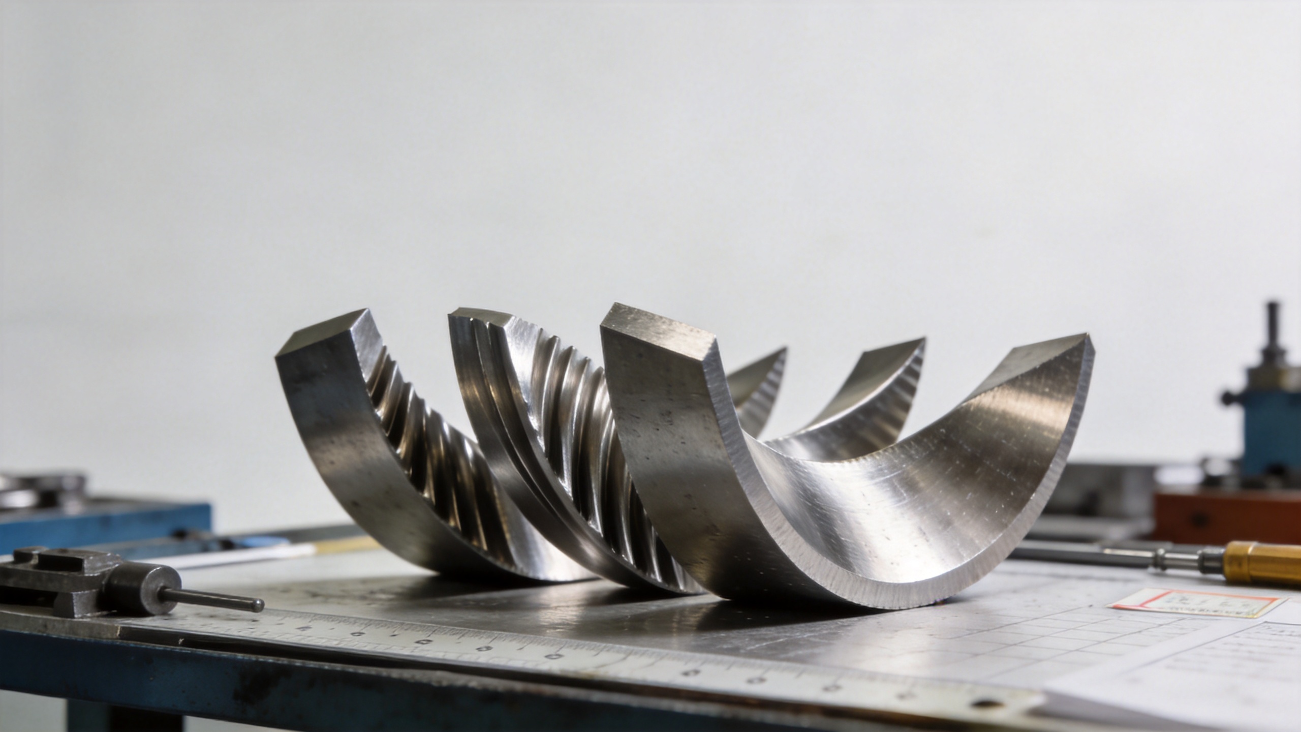Precision forged gas turbine compressor blades on dimensional inspection table