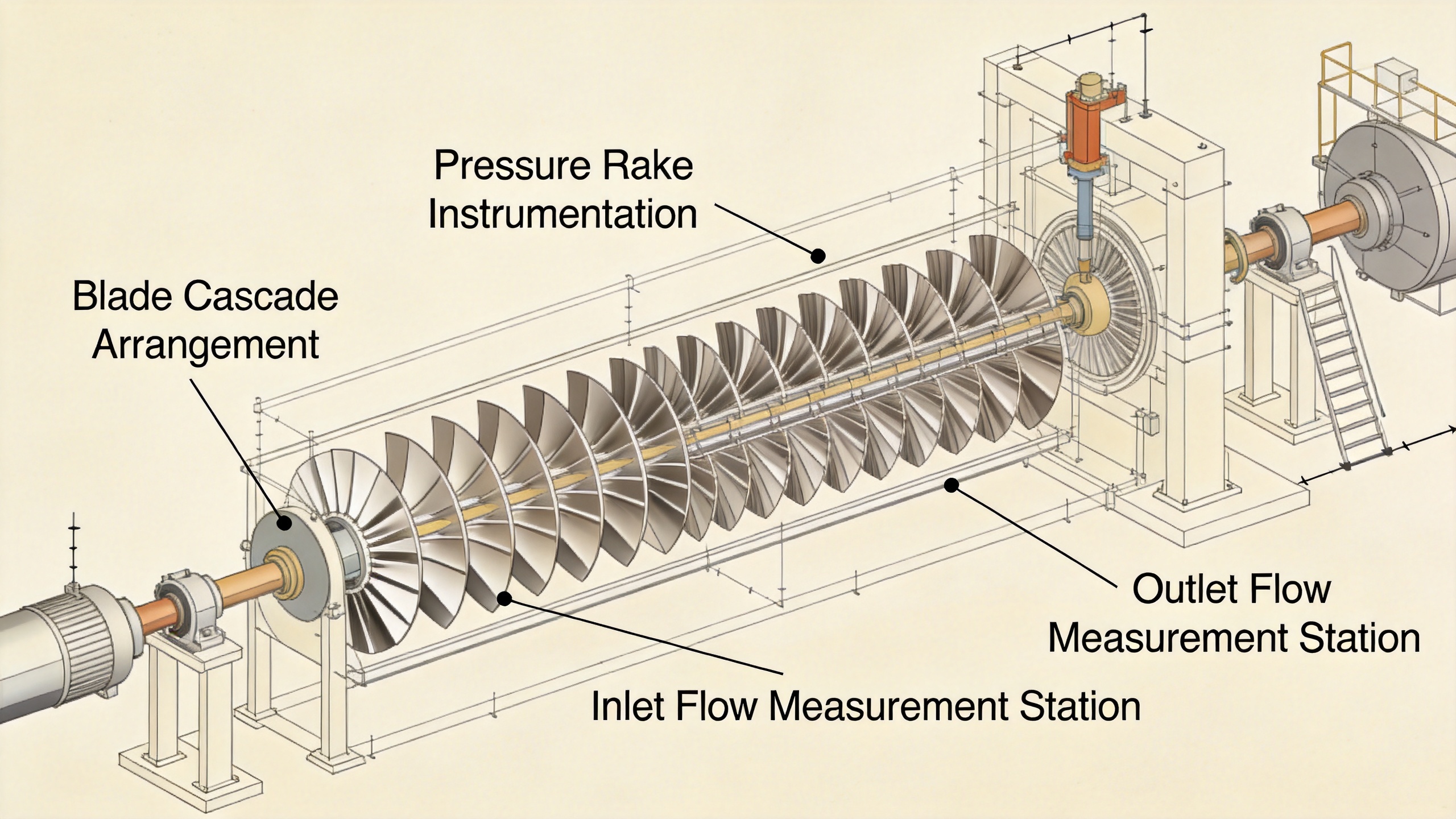 Linear cascade wind tunnel setup for turbine airfoil aerodynamic performance testing