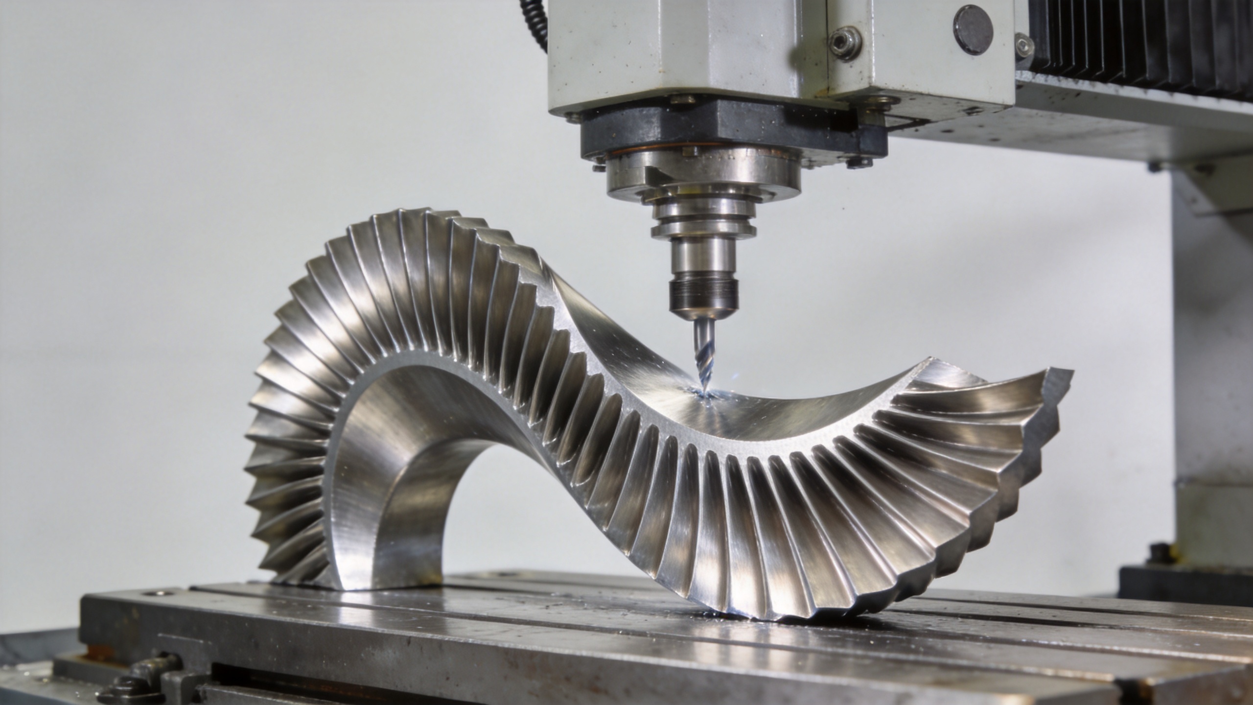 5-axis CNC machining of turbine airfoil profile in aerospace manufacturing workshop