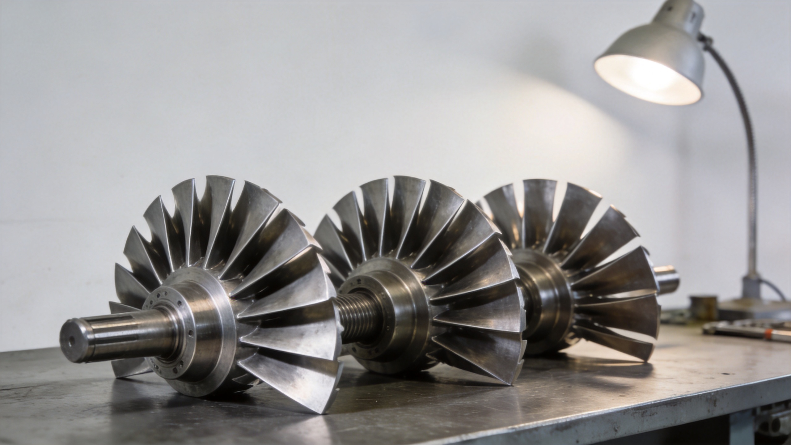 Precision-forged gas turbine compressor blades with clean airfoil surface finish ready for inspection