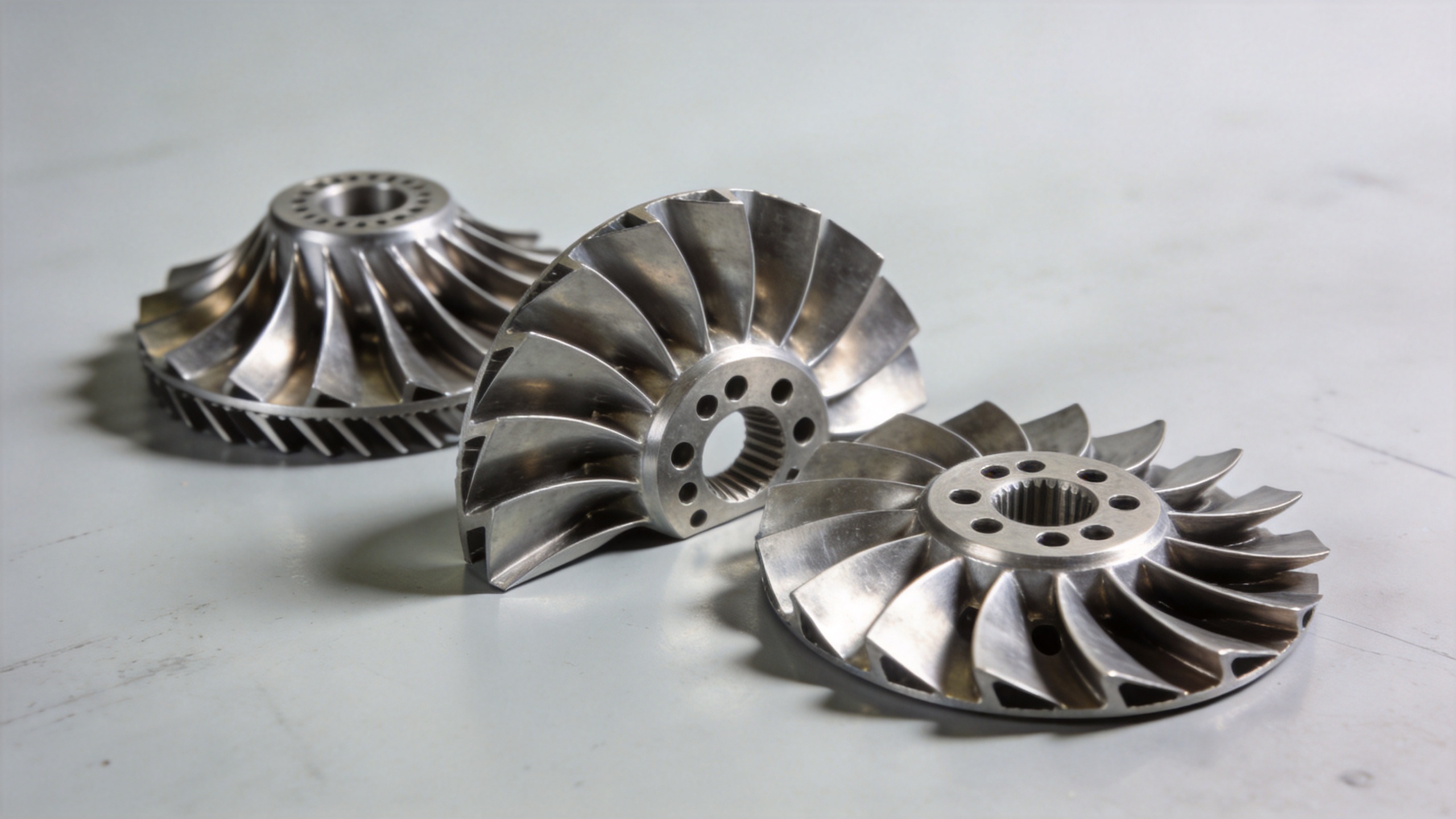 Precision machined nickel superalloy jet engine turbine blades showing airfoil geometry