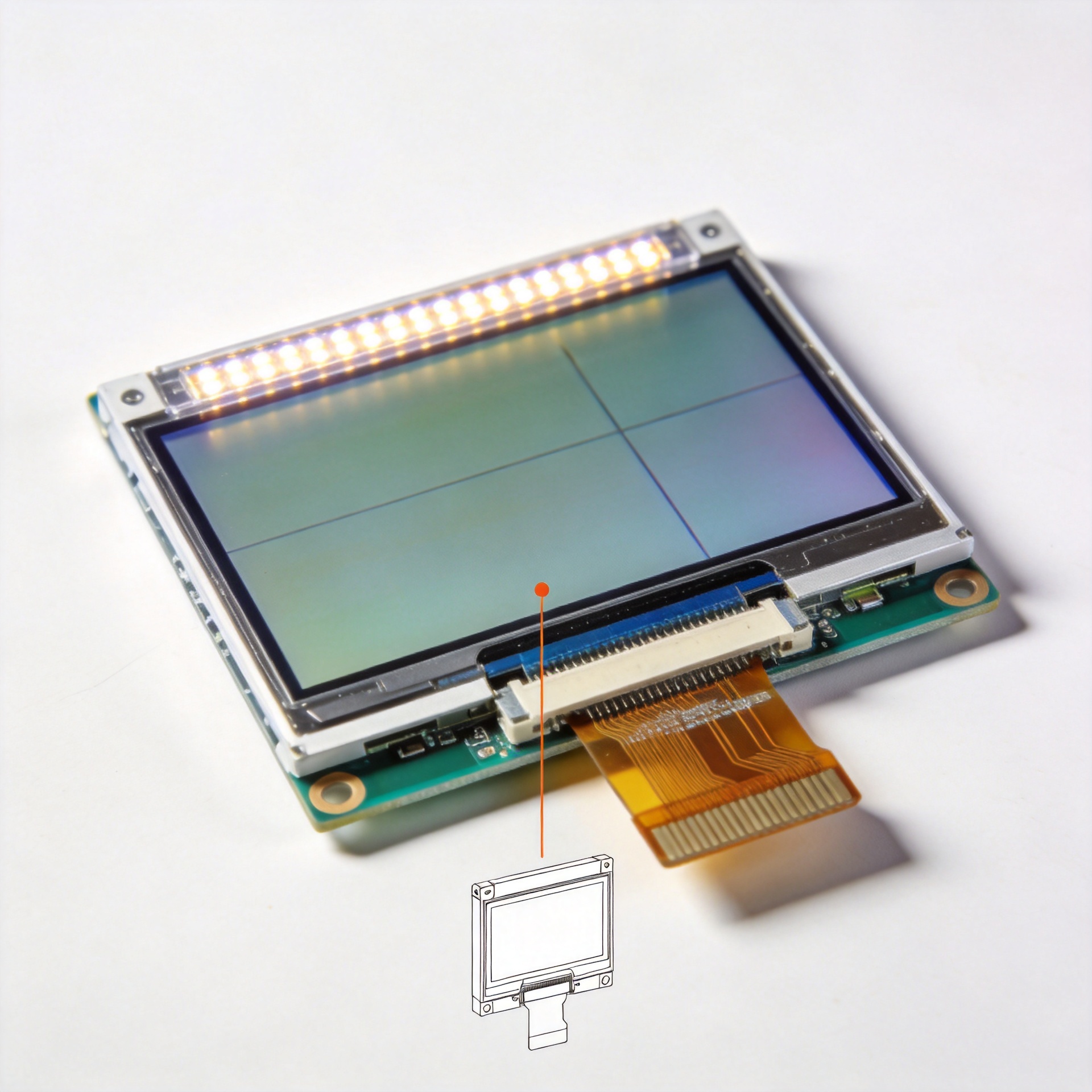 LCD screen module components showing backlight layer and liquid crystal panel structure