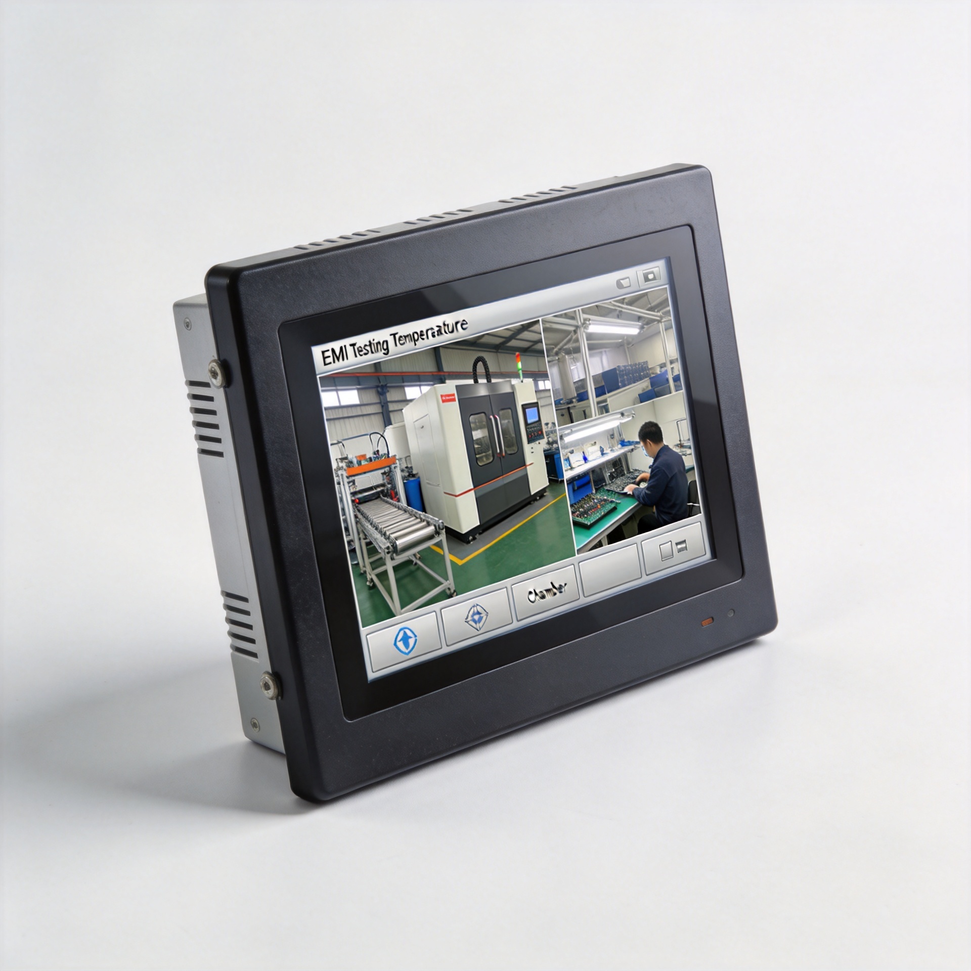 Industrial touch screen display module undergoing environmental testing for temperature and EMI robustness