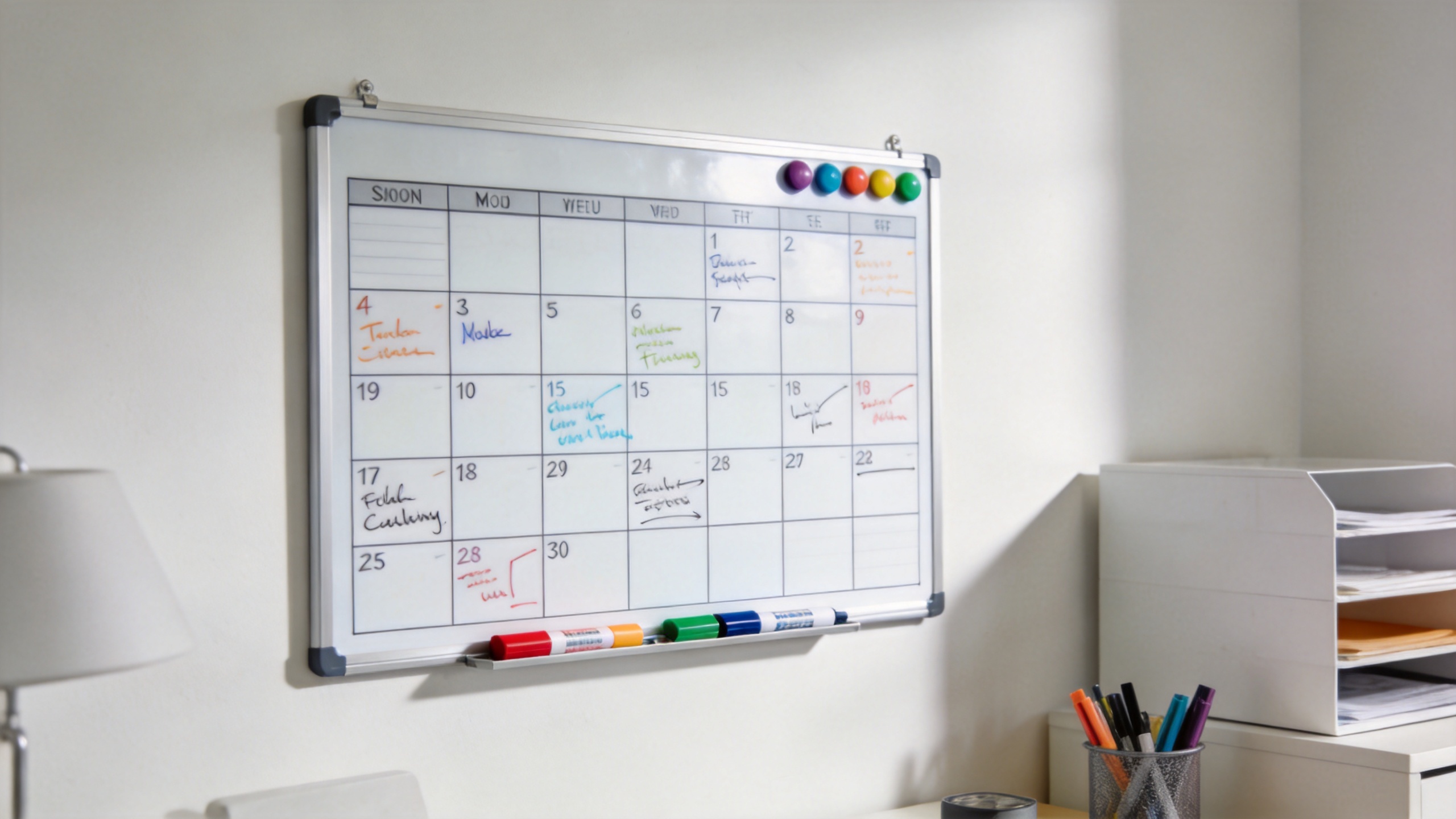 Monthly planner whiteboard in an organized shared workspace