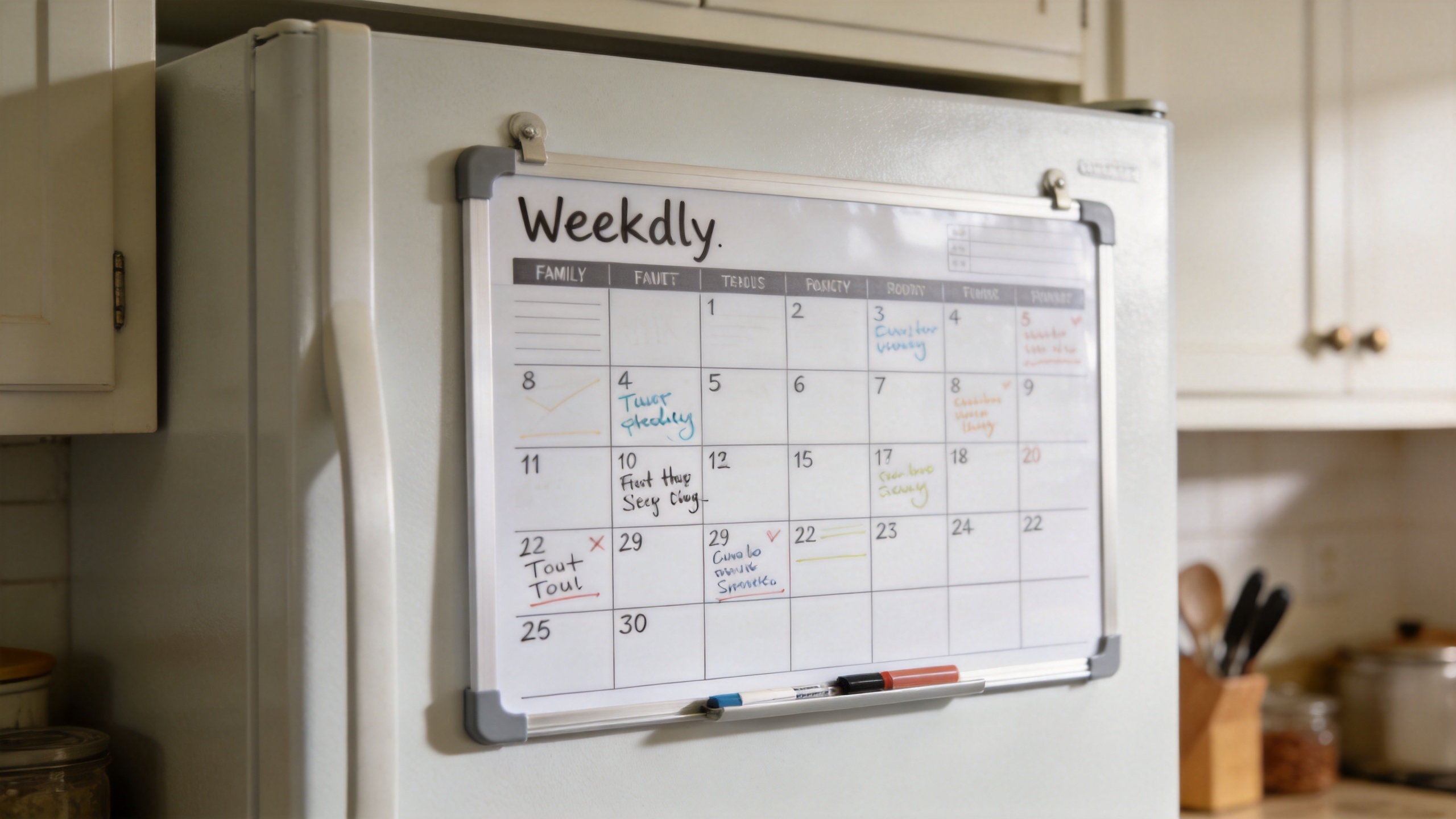 Weekly planner magnetic board on a refrigerator for shared household scheduling