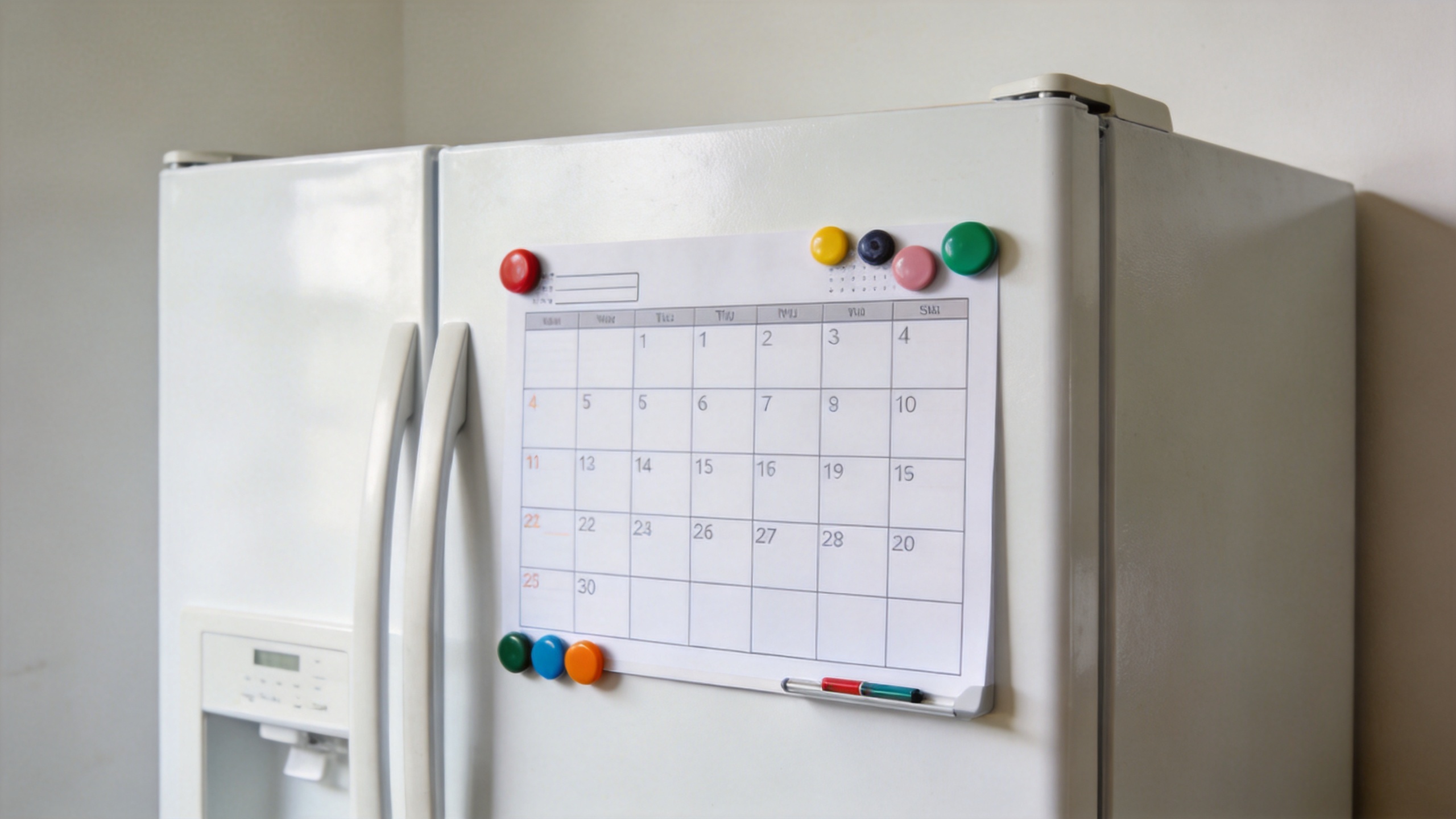 dry erase calendar magnetic on a refrigerator planning area