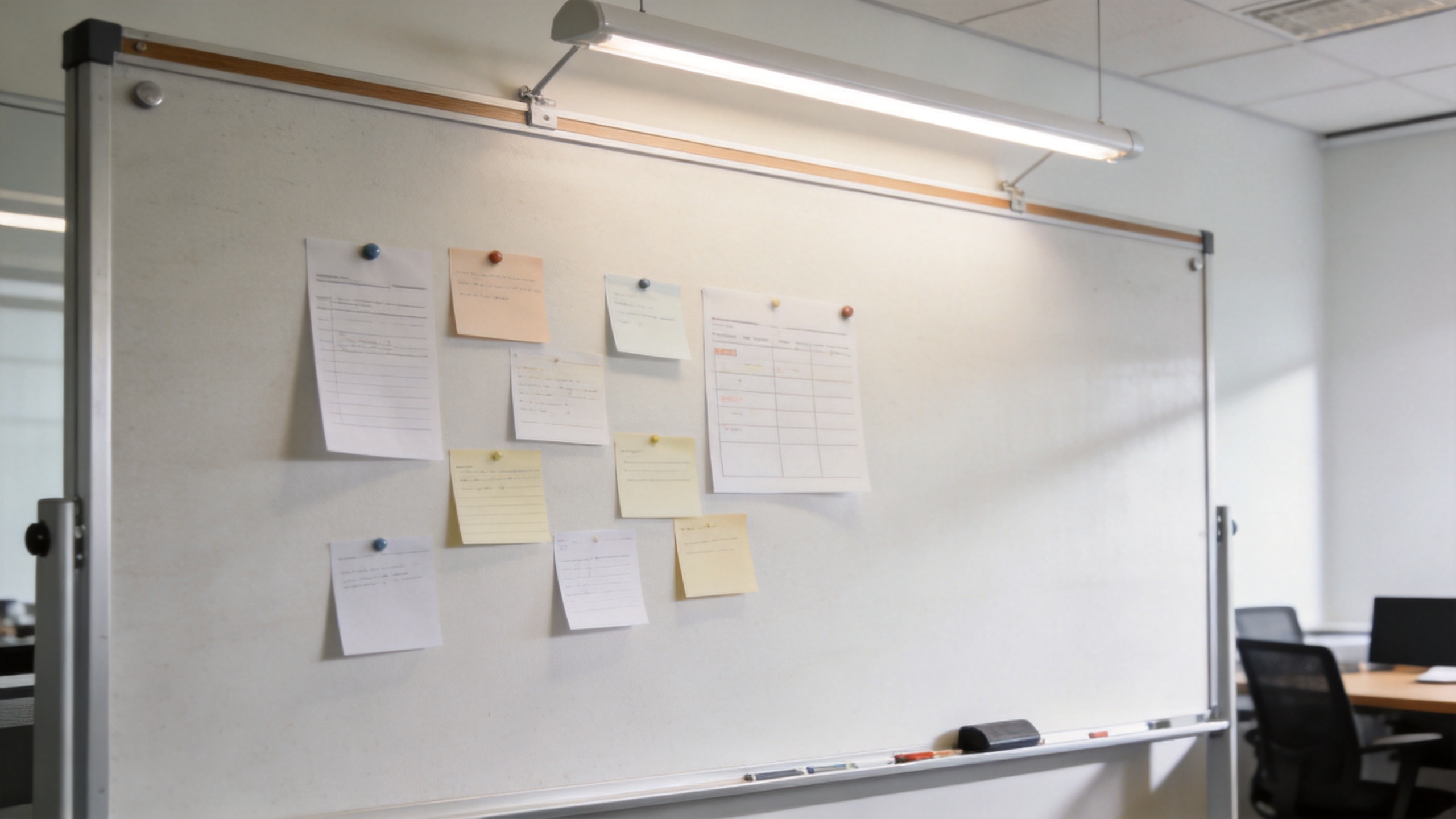 Large magnetic board supporting a collaborative office planning session