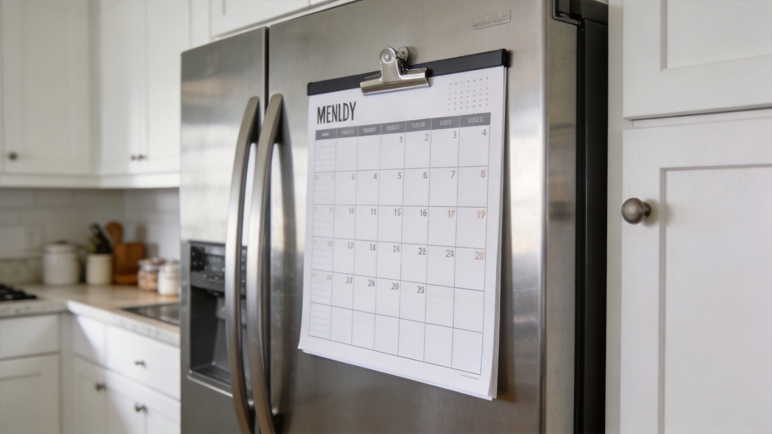 Magnetic dry erase calendar planner on a kitchen refrigerator