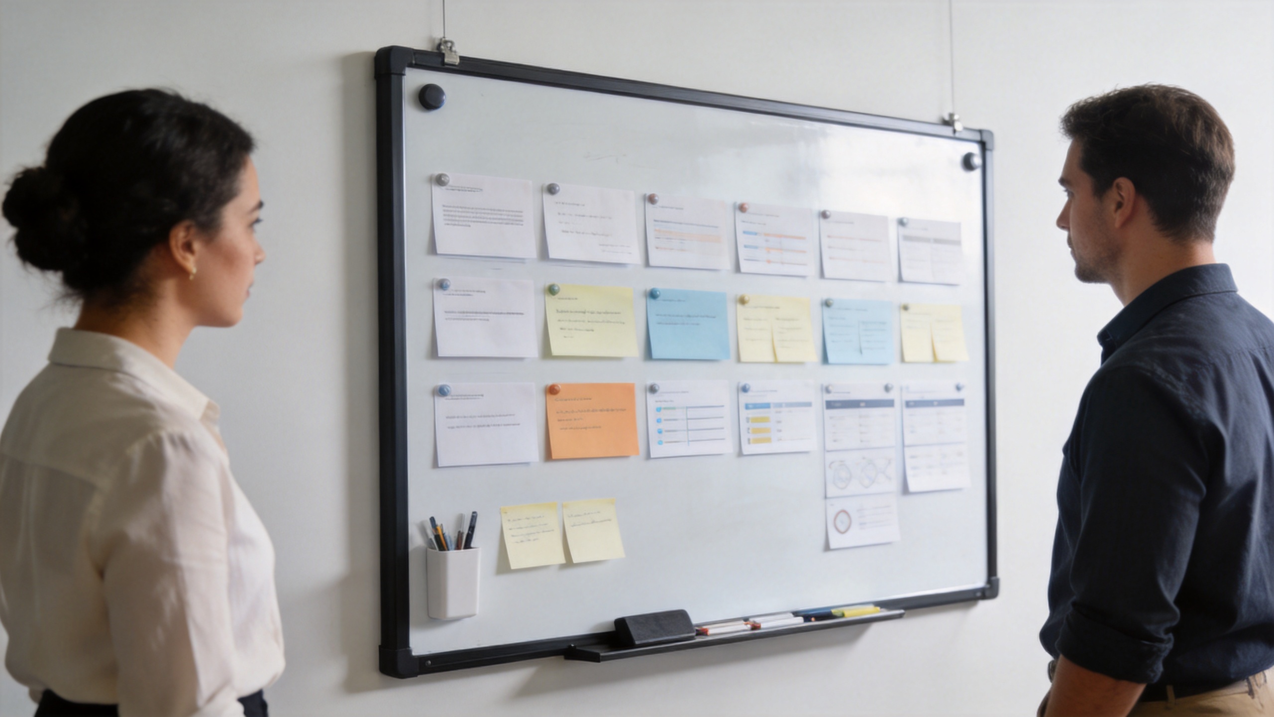 Large magnetic board used for collaborative planning in a training room