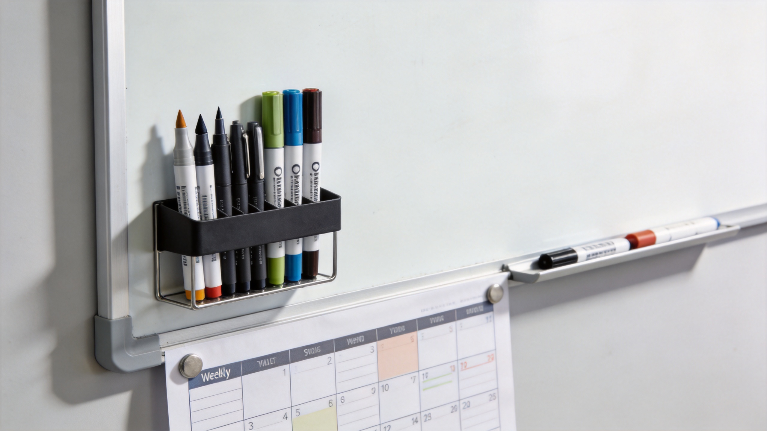 Magnetic whiteboard marker set organized on a dry erase board