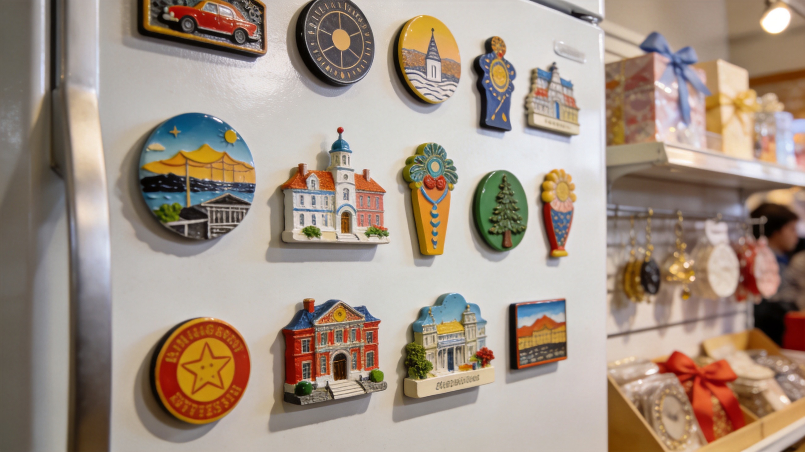 Colorful fridge magnet designs displayed for gift and souvenir retail