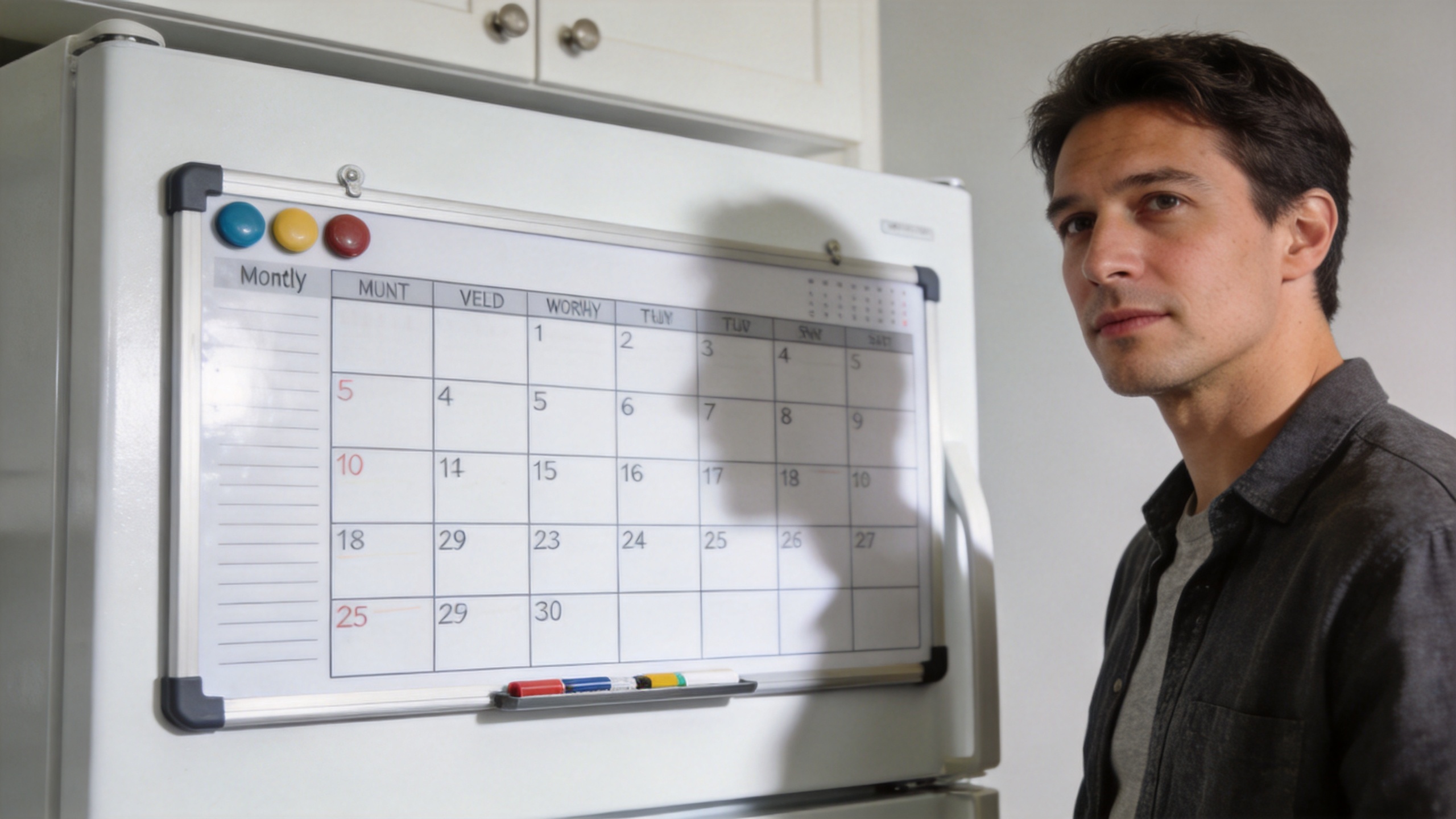 Monthly dry erase calendar board on a refrigerator for shared planning