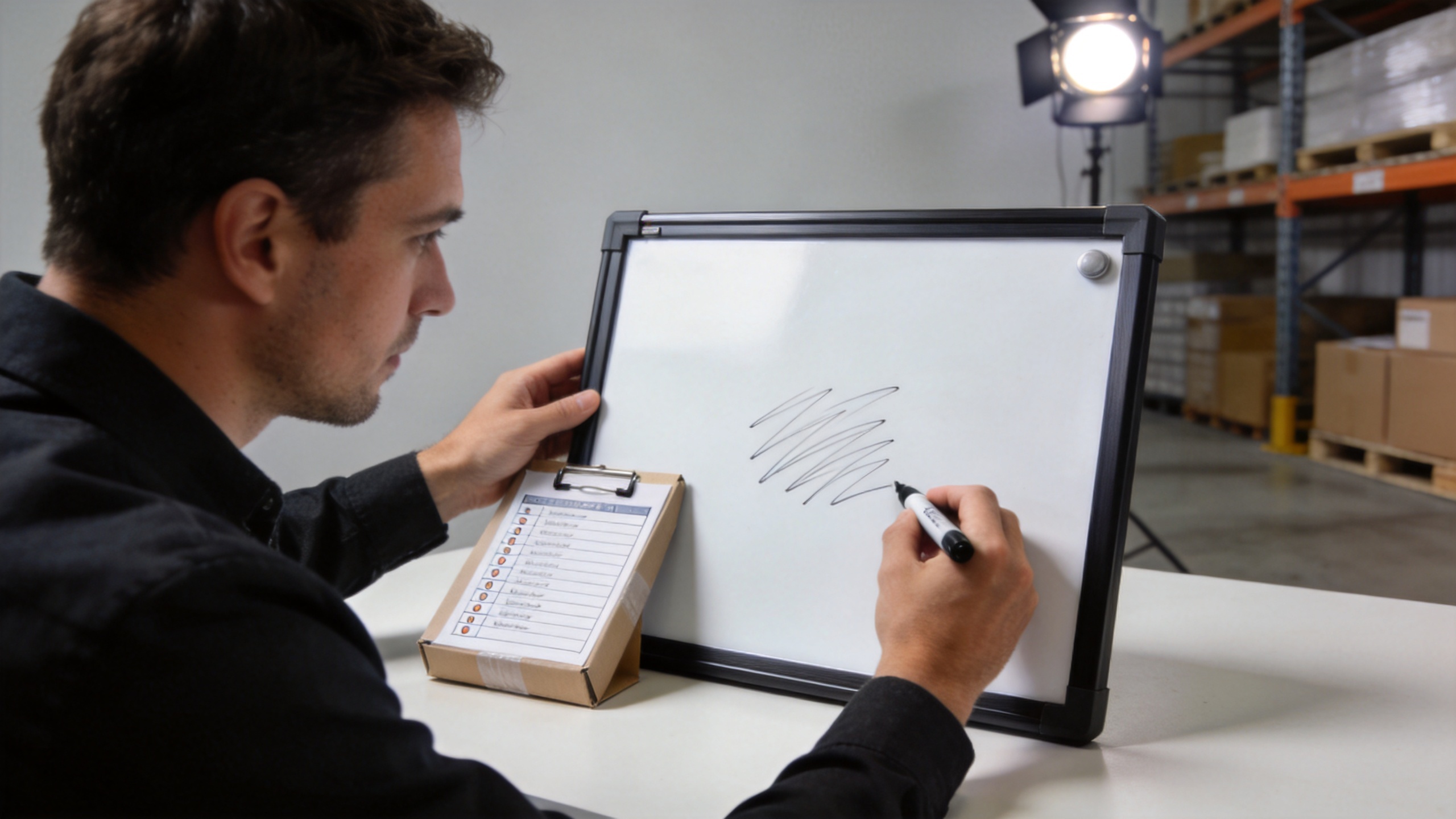 Buyer inspecting dry erase boards for sale with a surface test