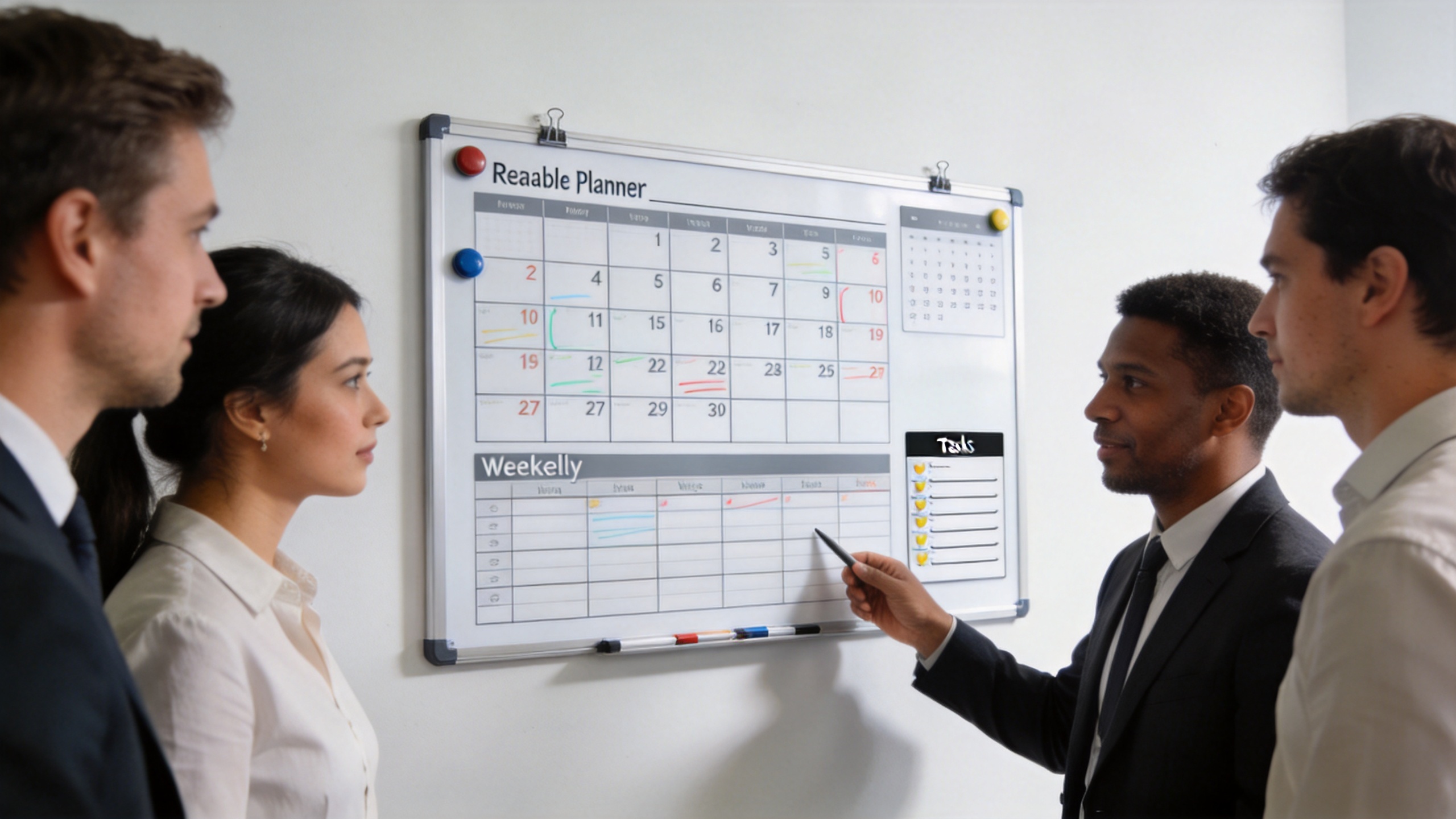 Daily weekly monthly planner board for a shared office schedule