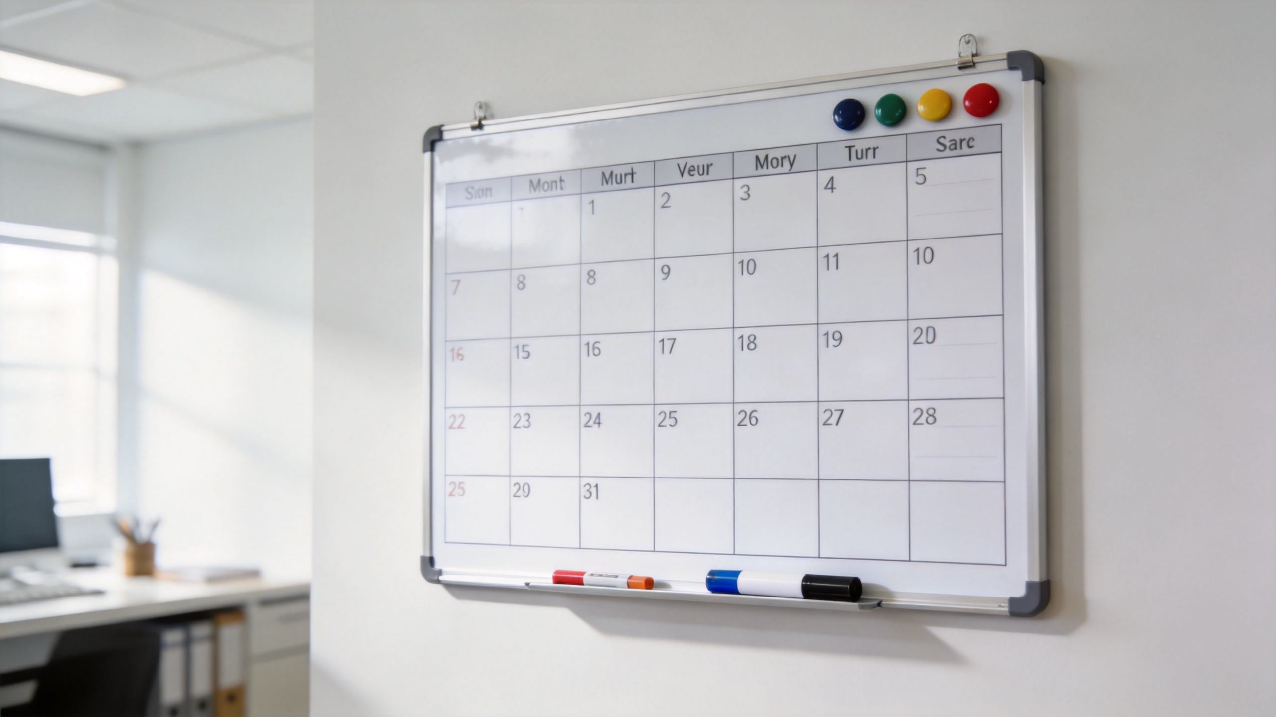 Magnetic whiteboard calendar in a professional planning workspace