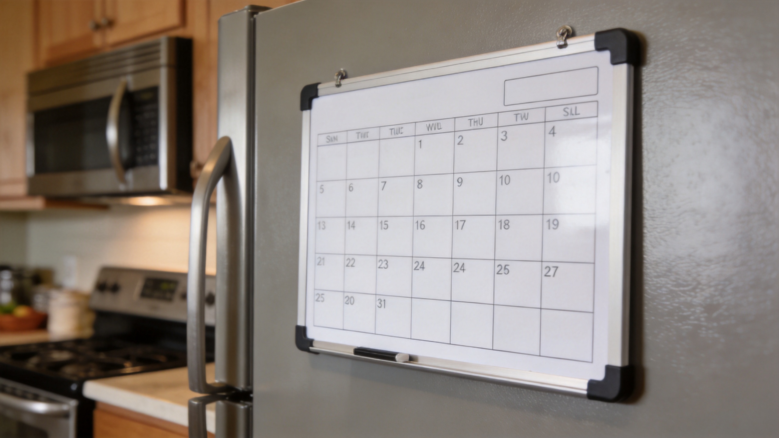 Dry erase calendar for fridge in a shared kitchen planning space