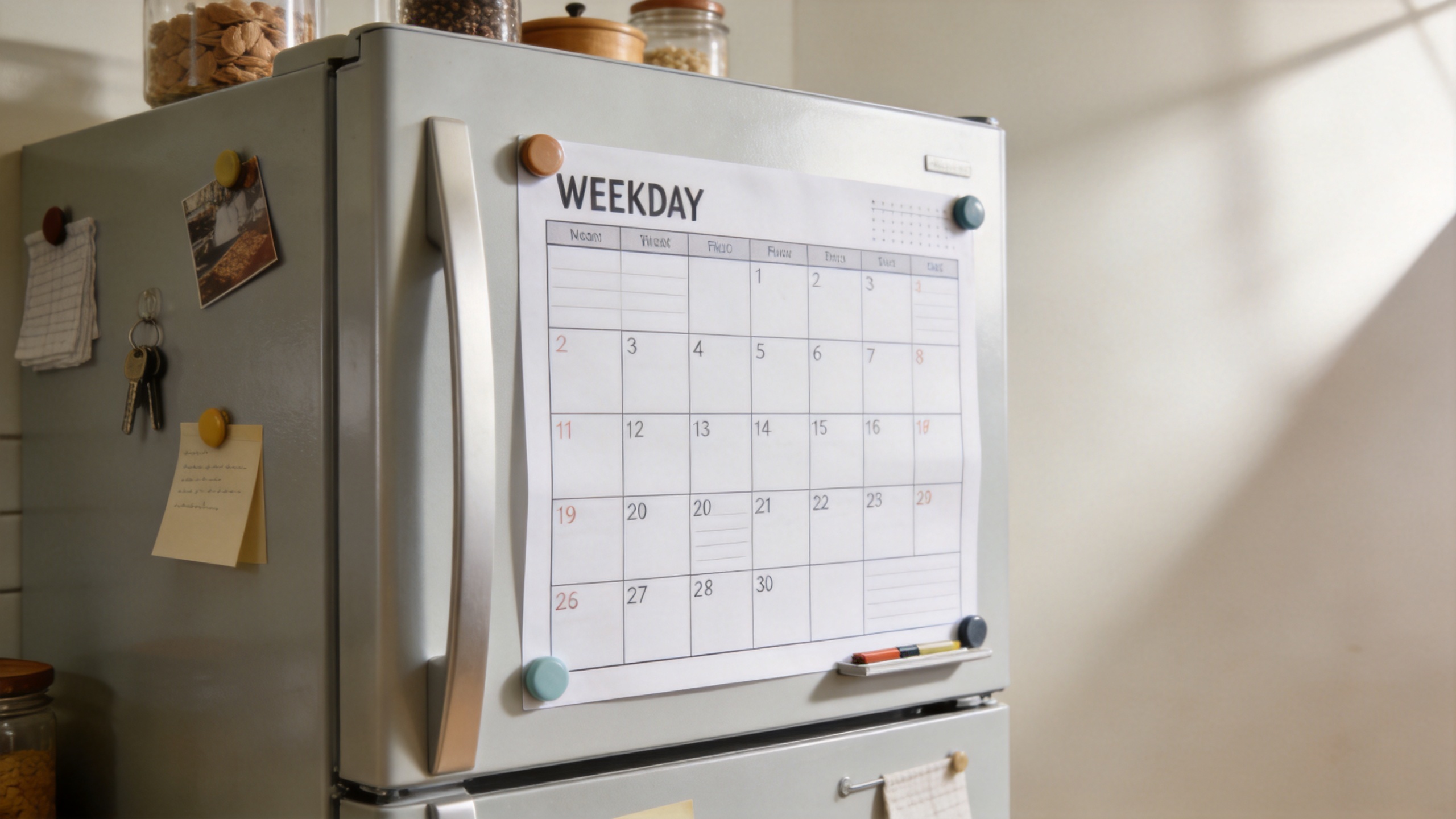 Reusable magnetic weekly planner board in a home kitchen planning setting