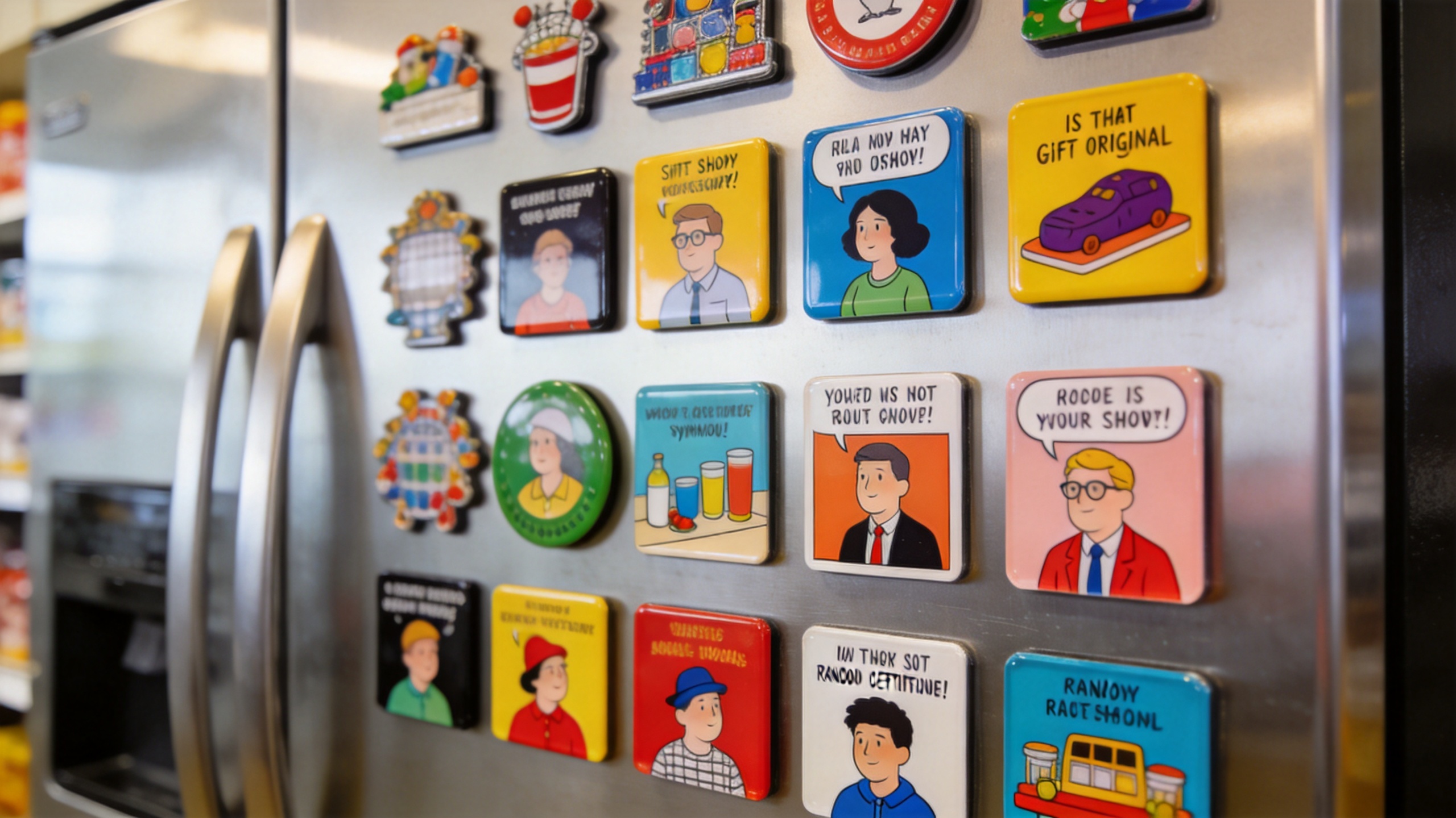 Funny fridge magnets arranged for a gift and souvenir retail display