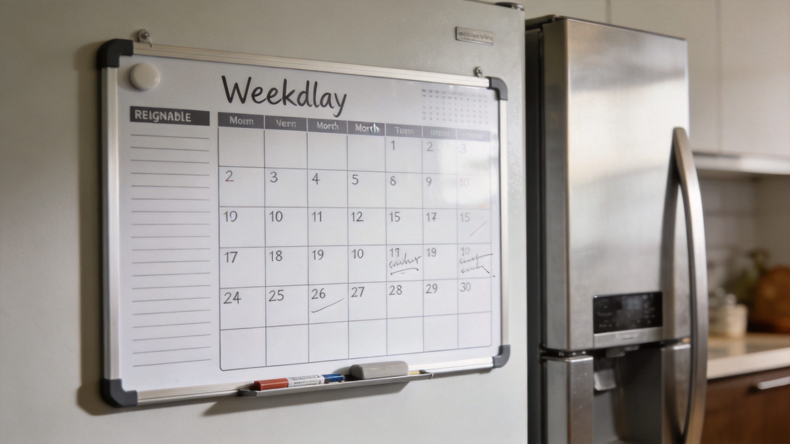 Weekly monthly planner on a reusable magnetic board