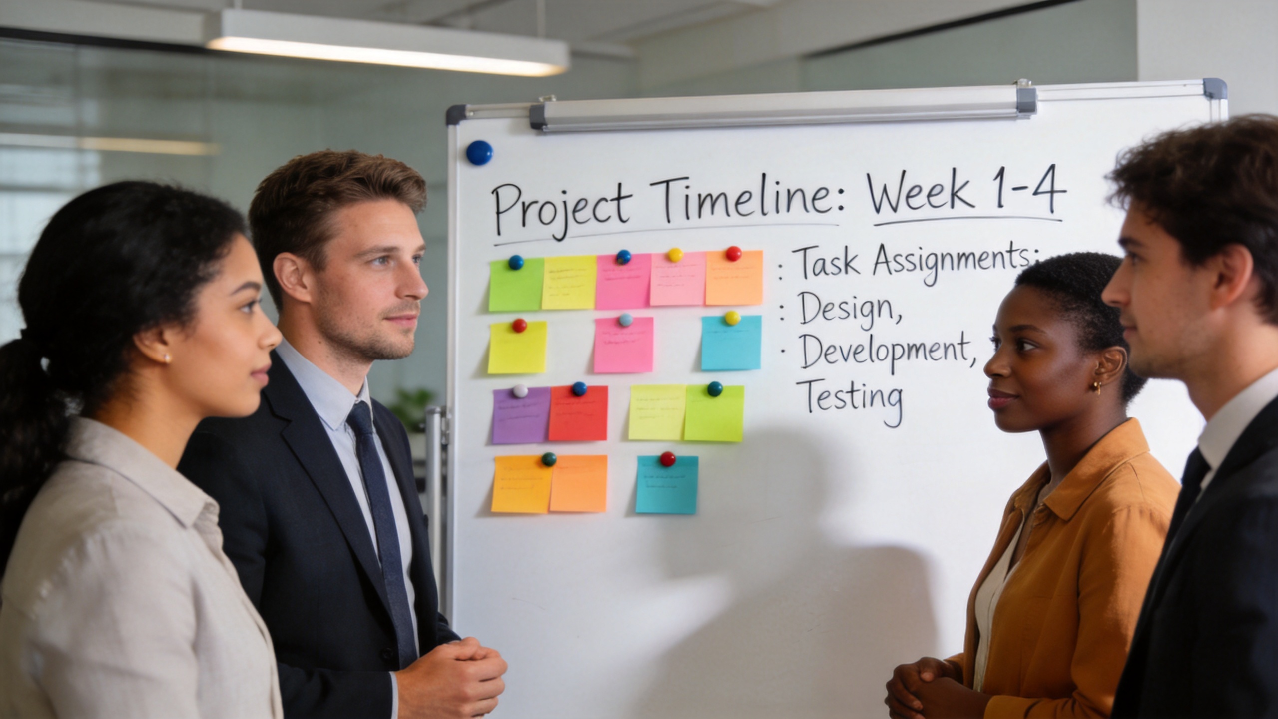 Office team planning work on a magnetic dry erase board