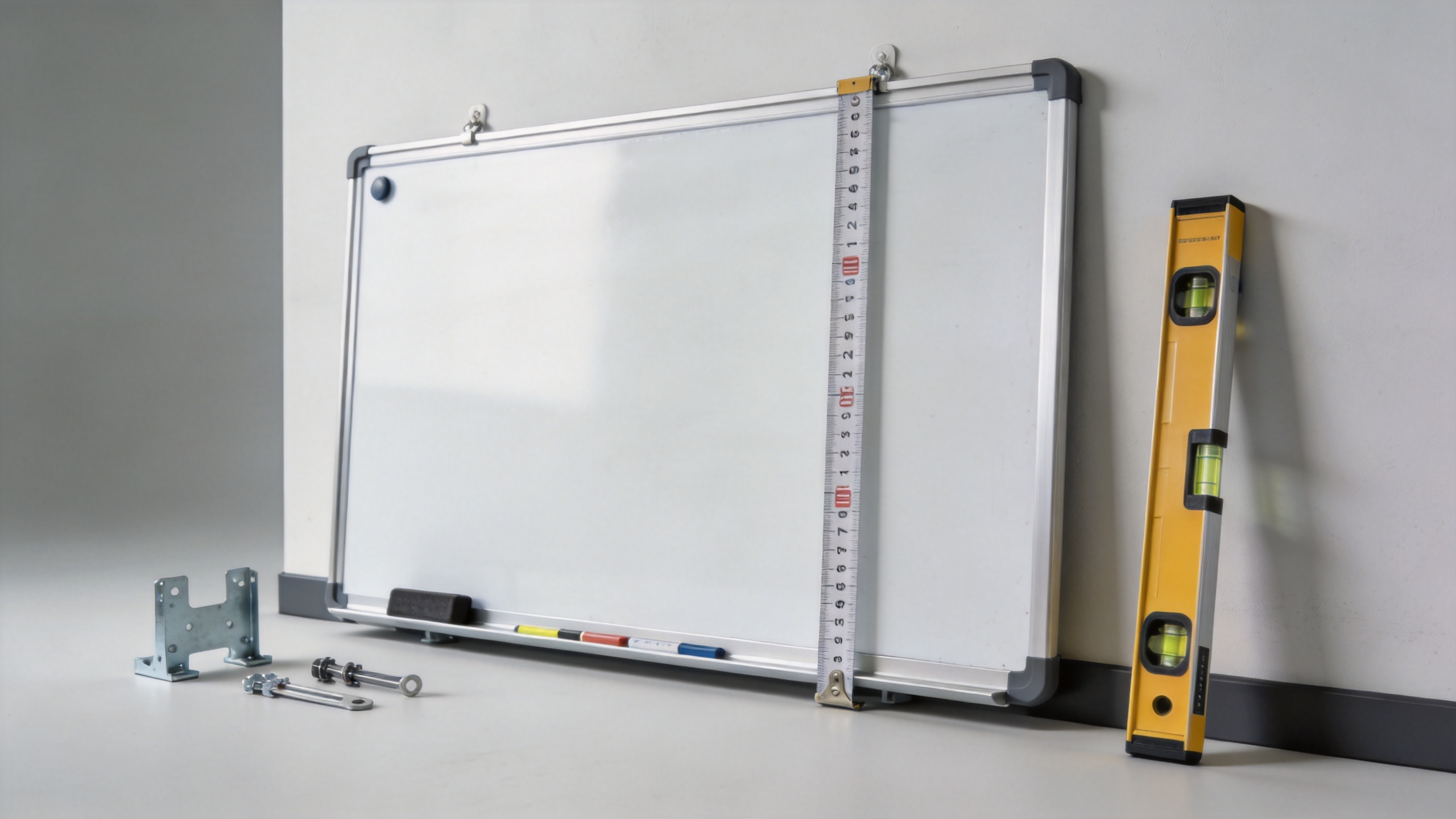 Magnetic whiteboard for wall installation with measuring and leveling tools