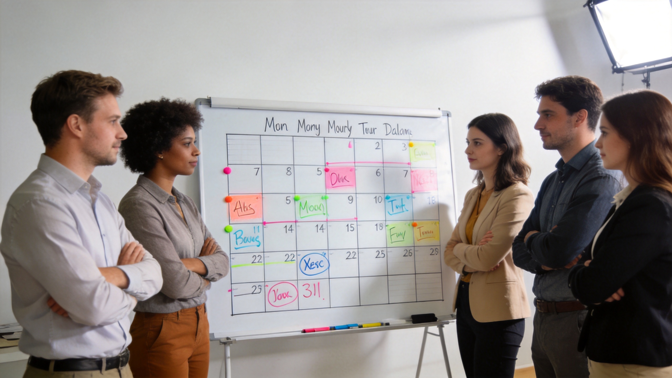 Team reviewing a large dry erase calendar for project planning