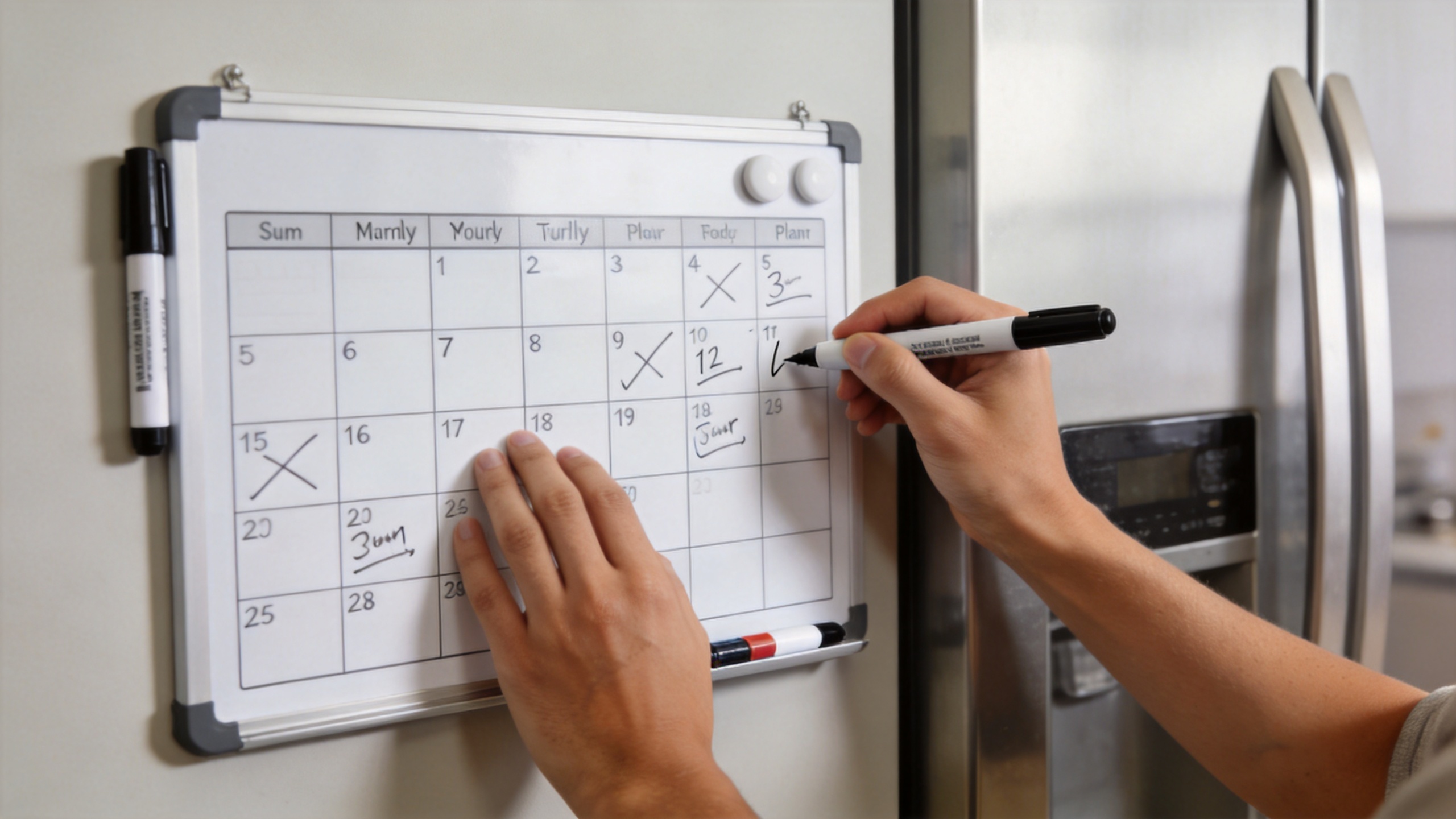 Magnetic whiteboard calendar used for a monthly refrigerator schedule