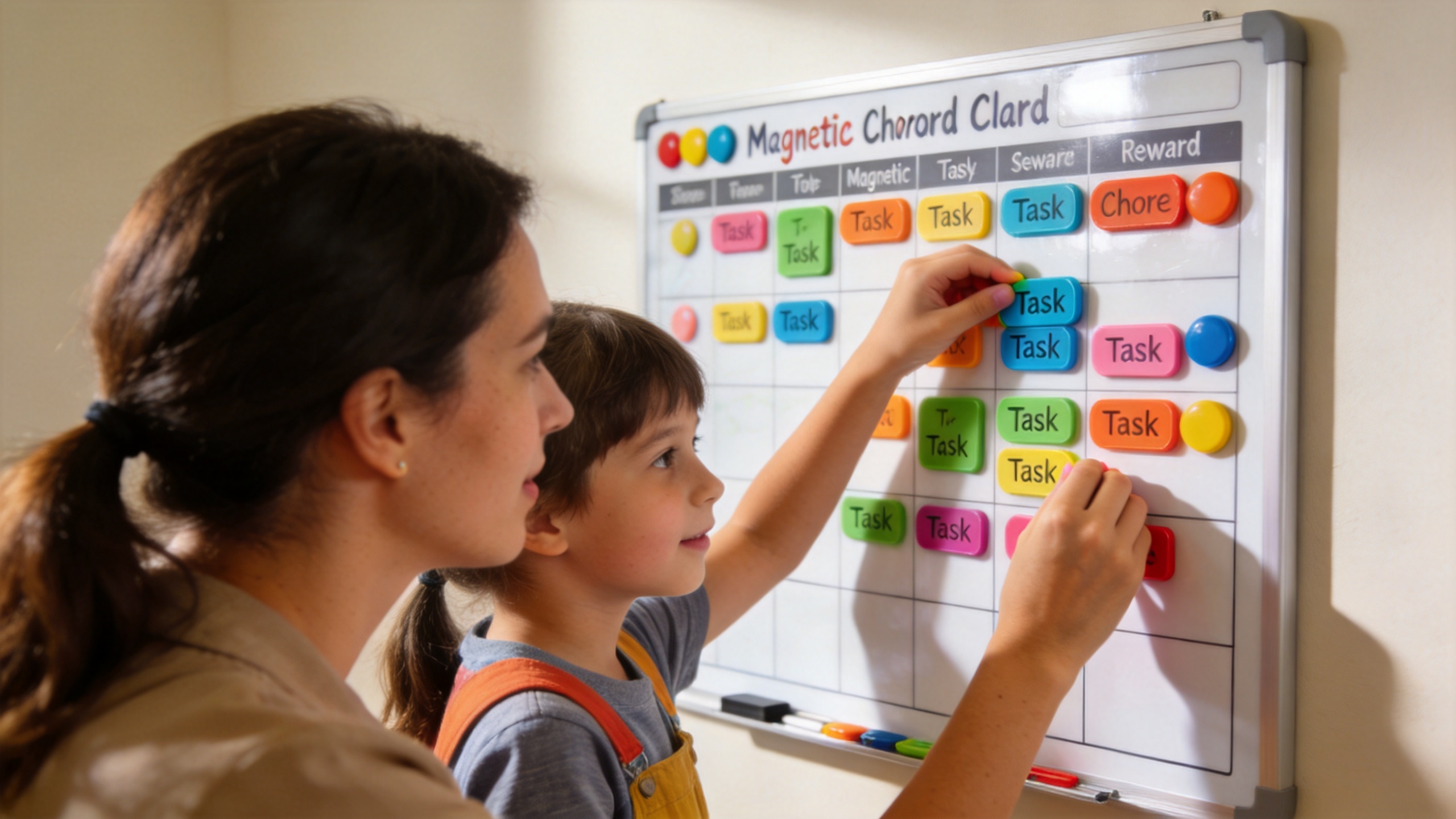 Child and parent using a magnetic chore chart with reusable task markers