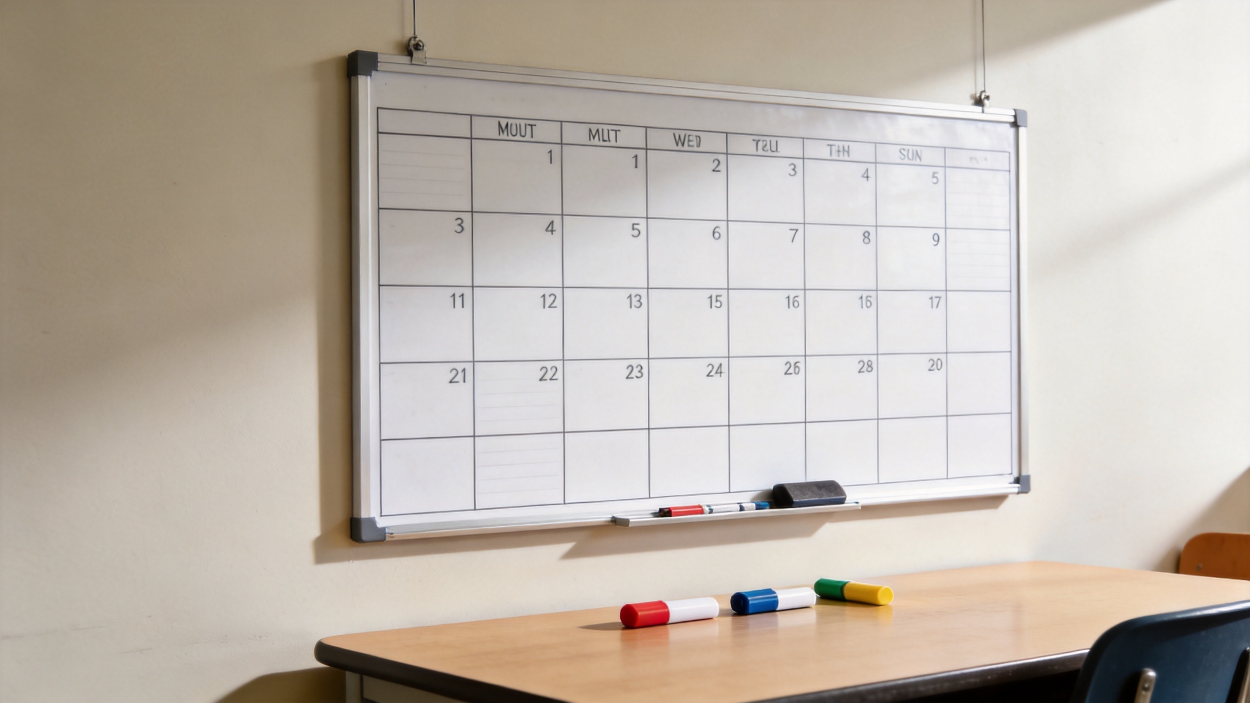 A school dry erase board monthly calendar used for classroom planning