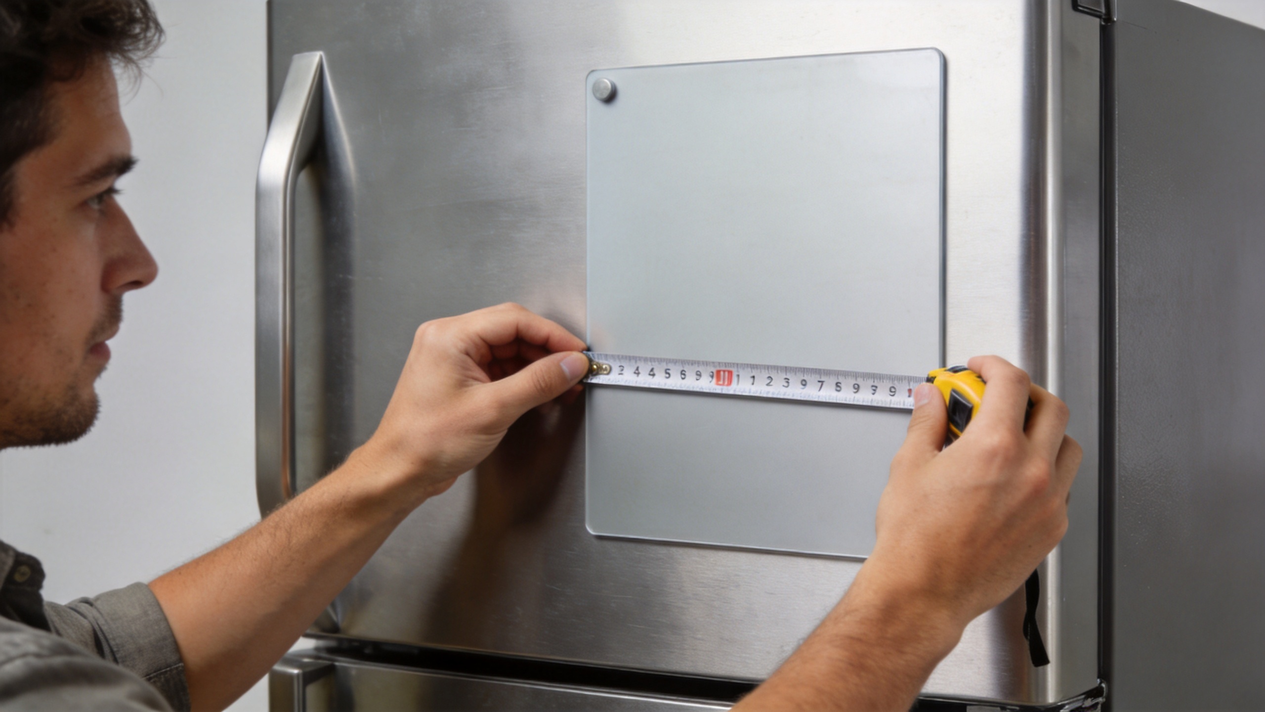 Measuring a refrigerator door before choosing a magnetic dry erase board
