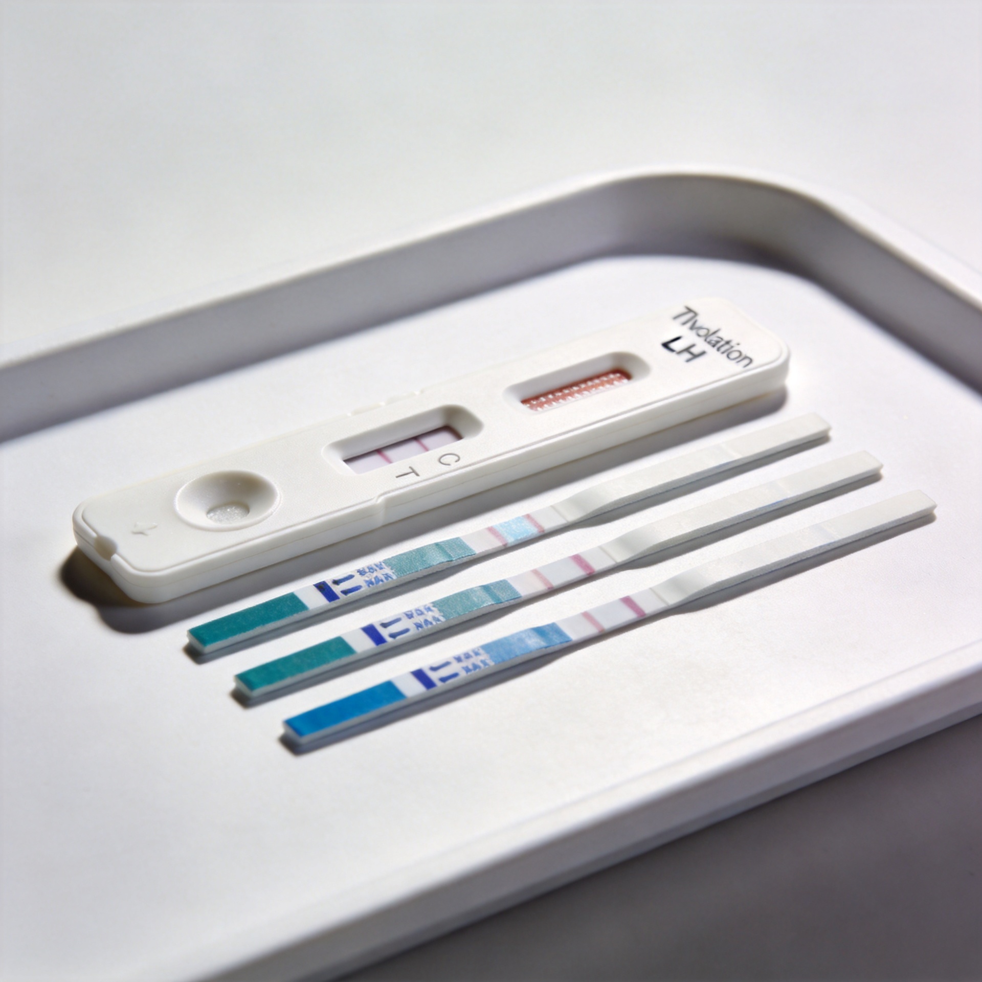 Ovulation test kit LH strips showing positive surge detection band on clinical surface
